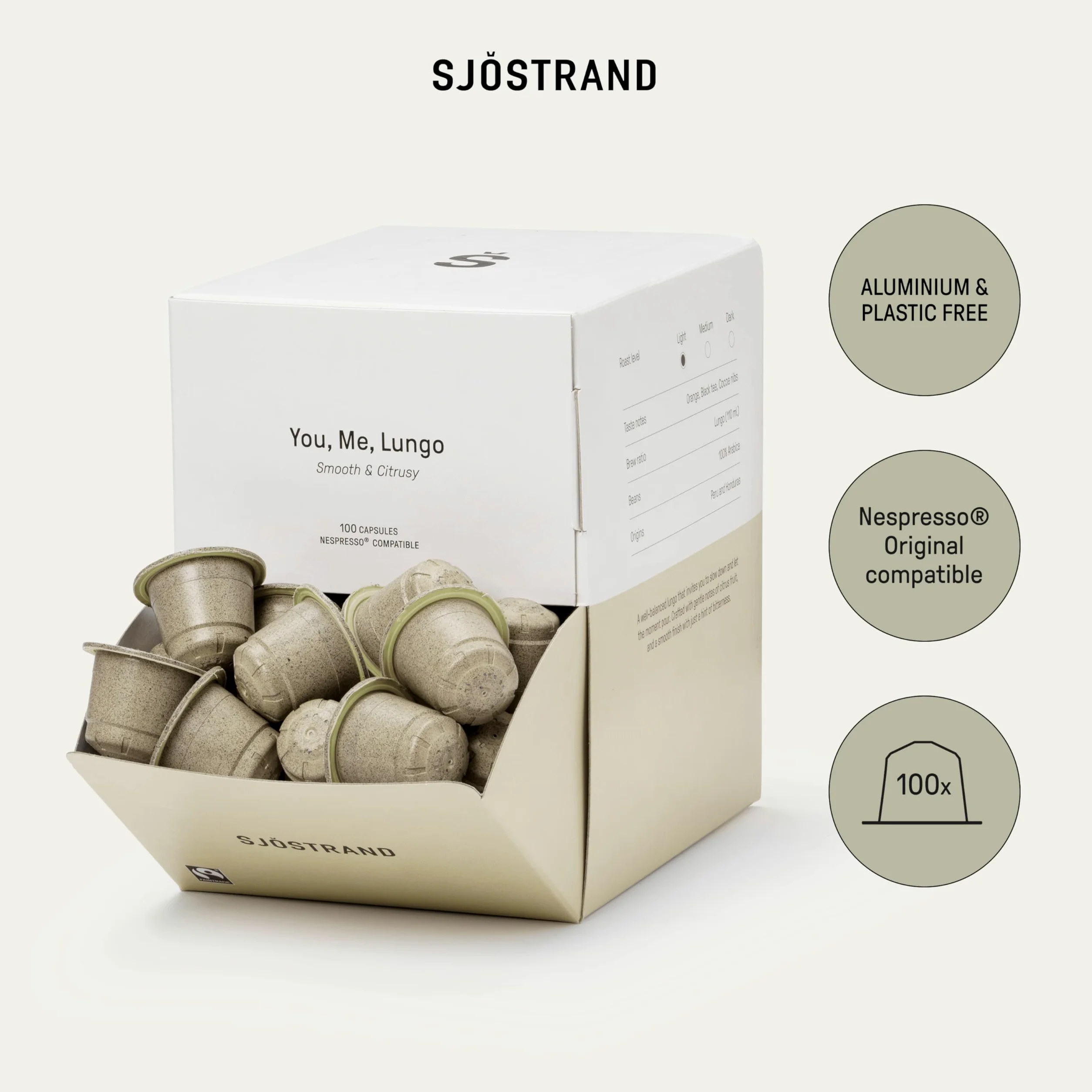 Sjöstrand Coffee Concept You, Me, Lungo – Organiczne kapsułki z kawą, kompatybilne z Nespresso, 100 kapsułek, kompostowalne, Fairtrade.