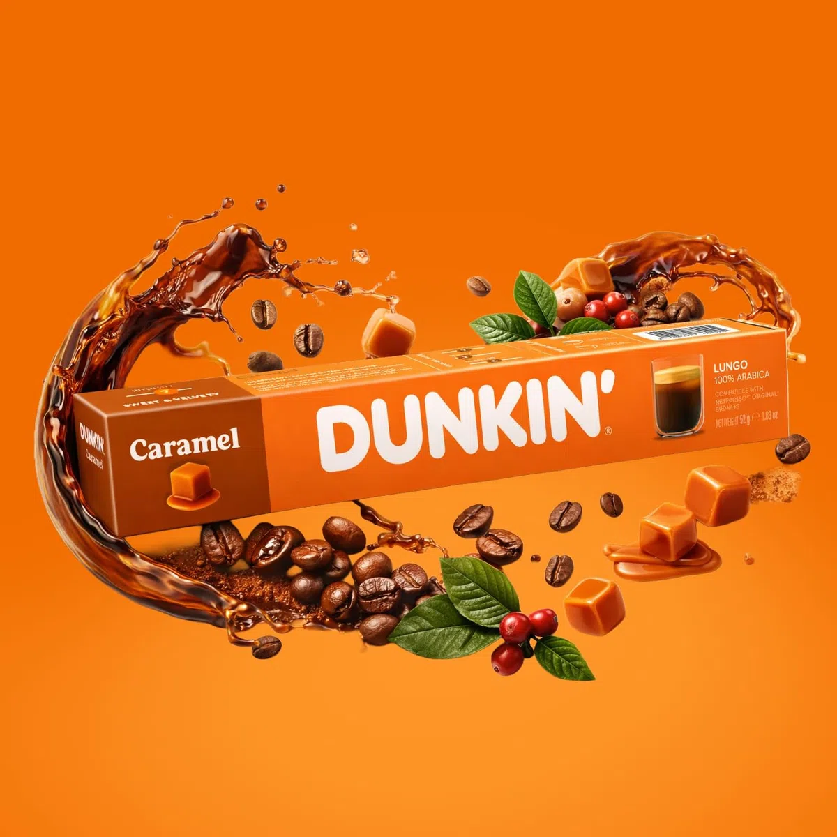 Dunkin’ Donuts Caramel – 120 kapsułek | Kompatybilne z Nespresso | 100% Arabica | Łagodne palenie z nutą karmelu | Łagodna, kremowa i aromatyczna kawa