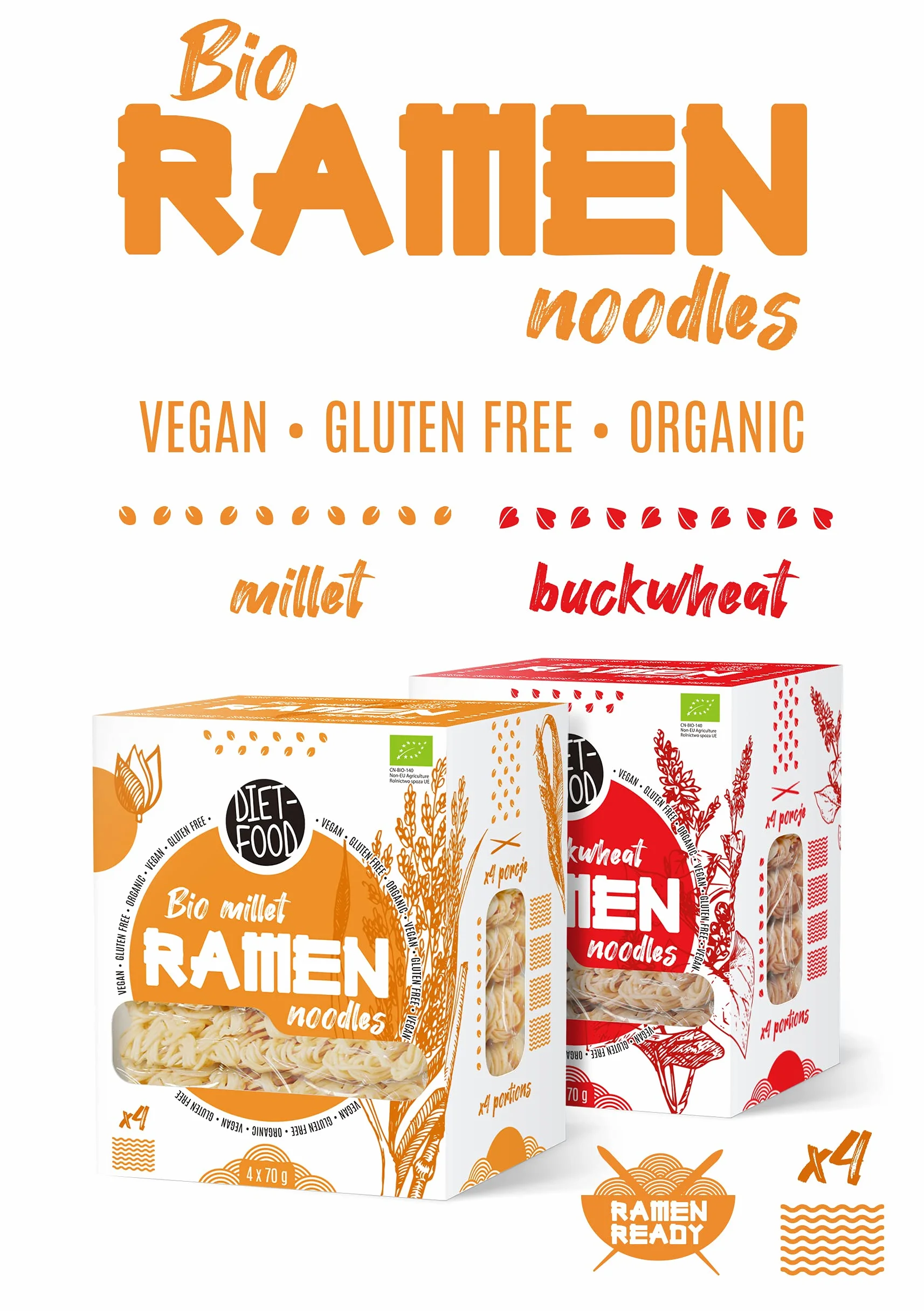 DIET-FOOD Bio Ramen makaron prosa, bez glutenu, wegetariański i wegański, do kontaktu z żywnością, bez tłuszczu, soi, bezglutenowy, rozpuszczalny w wodzie, makaron dietetyczny, niska zawartość kalorii, 280 g