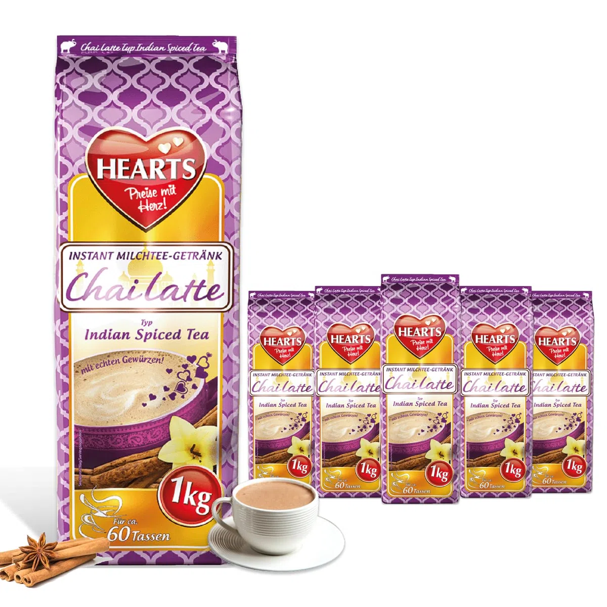 HEARTS Chai Latte herbata mleczna w proszku, 5 x 1 kg, łatwo rozpuszczalna z prawdziwymi przyprawami, spiced tea do gastronomii i domu, wystarczy dodać wodę, wystarcza na 250 filiżanek