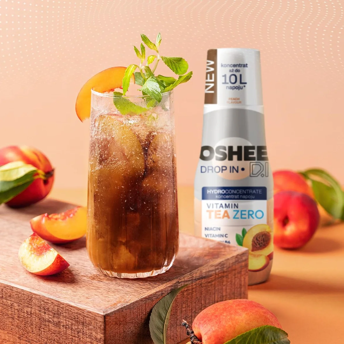 OSHEE DROP IN ZERO, Hydrokoncentrat 500 ml, Herbata Brzoskwiniowa, Koncentrat Napoju z Witaminami, 0 kcal, 0g Węglowodanów, Bez Cukru, Do 10 L Napoju