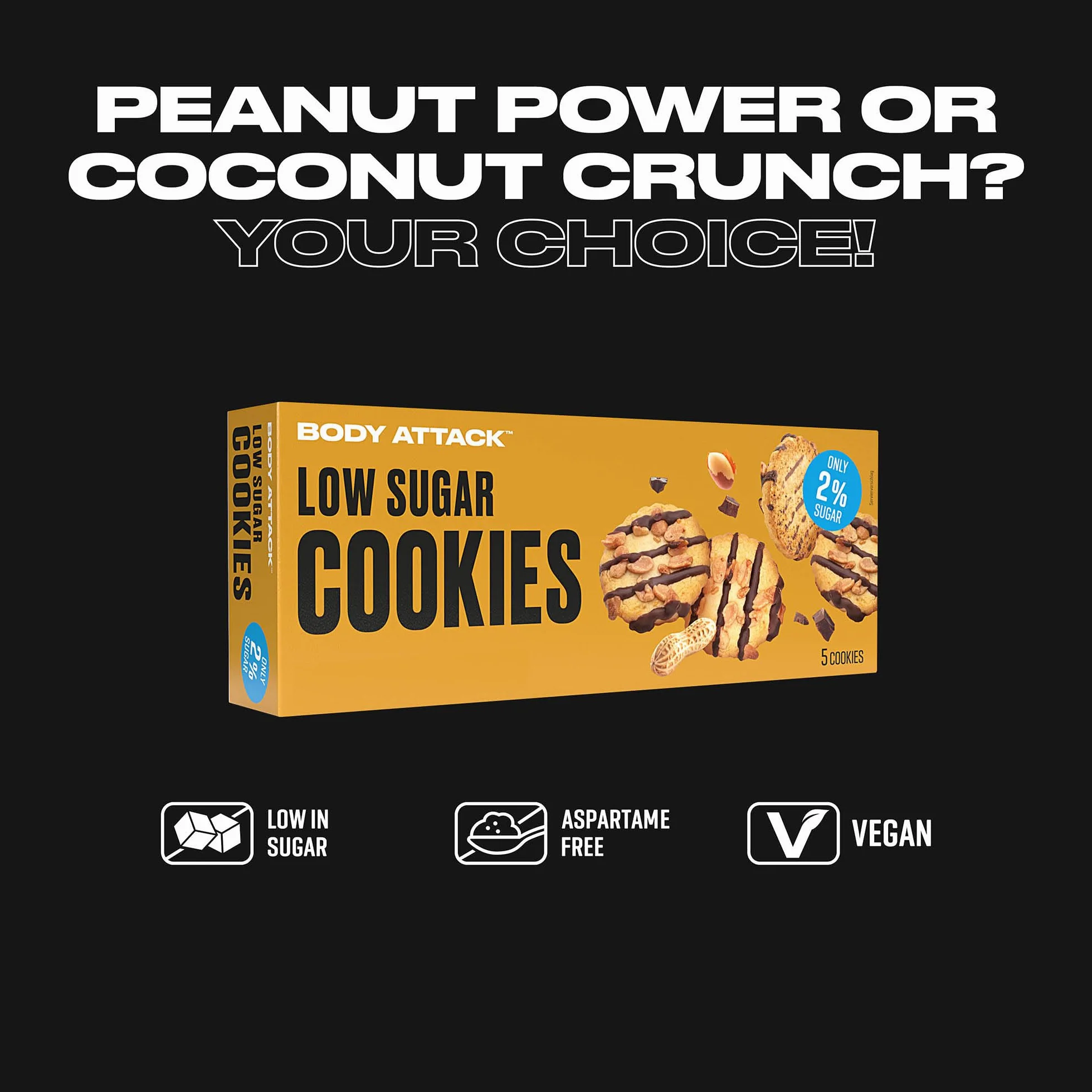 BODY ATTACK LOW SUGAR COOKIES - Peanut Choc – 125 g – pyszne odmiany z niewielką ilością cukru lub bez cukru – ciasteczka z białkiem – bogata w białko przekąska o niskiej zawartości cukru – bez