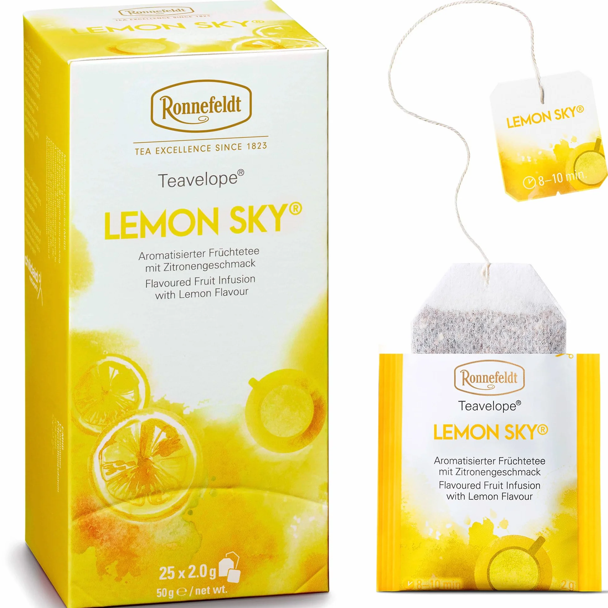 Ronnefeldt Teavelope Lemon Sky – owocowa herbata naparowa z wyraźnymi nutami cytryny – 25 torebek herbaty – bez kofeiny, pakowane pojedynczo