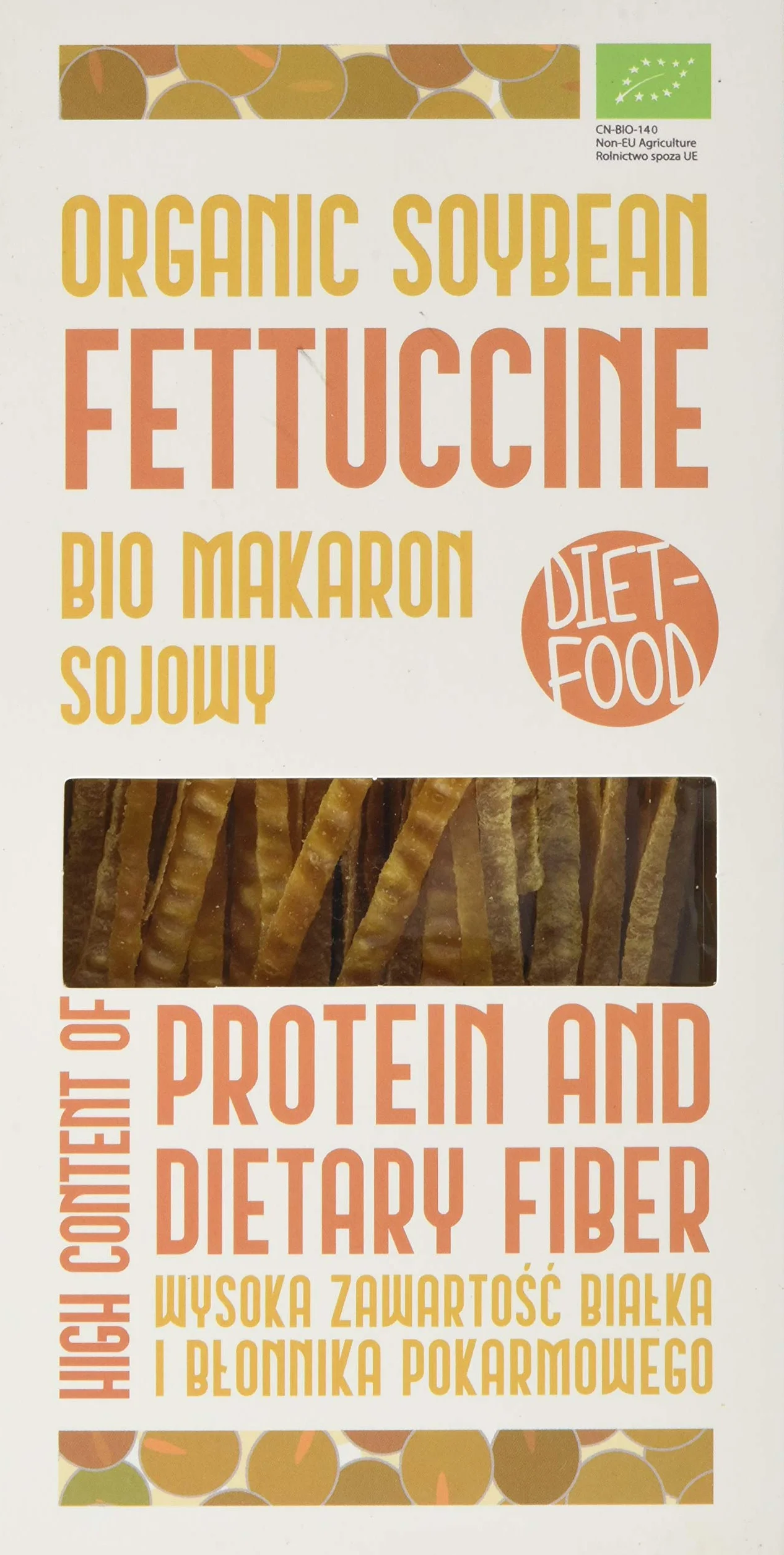 Diet-food - Bio Orange makaron sojowy Low Carb Protein Orange Soybean Fettuccine z witaminą B, kwas foliowy, witamina E, bezglutenowy i bogaty w białko, 200 g