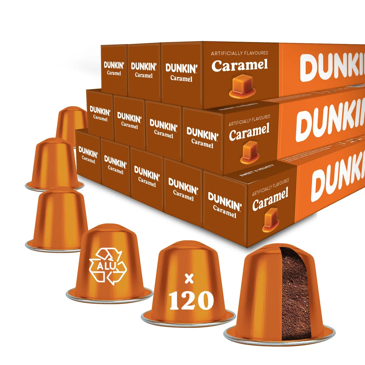 Dunkin’ Donuts Caramel – 120 kapsułek | Kompatybilne z Nespresso | 100% Arabica | Łagodne palenie z nutą karmelu | Łagodna, kremowa i aromatyczna kawa