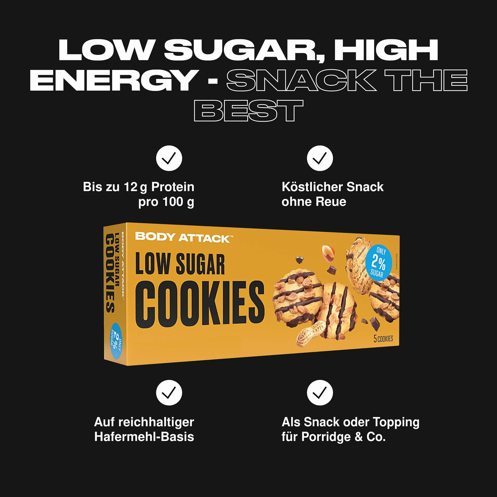 BODY ATTACK LOW SUGAR COOKIES - Peanut Choc – 125 g – pyszne odmiany z niewielką ilością cukru lub bez cukru – ciasteczka z białkiem – bogata w białko przekąska o niskiej zawartości cukru – bez
