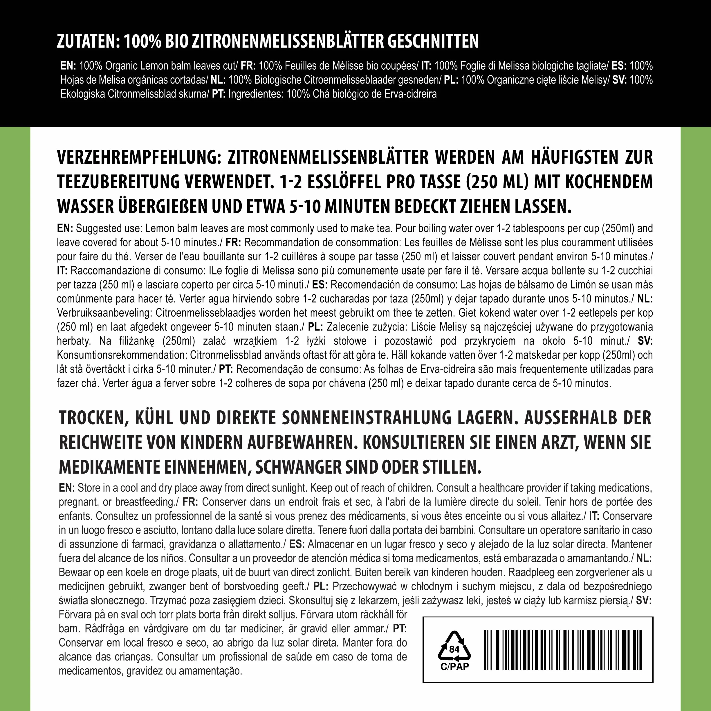 Alpi Nature Ekologiczna Herbata z Melisy 125g, Suszone i Cięte Liście Melisy do Herbaty Melisowej