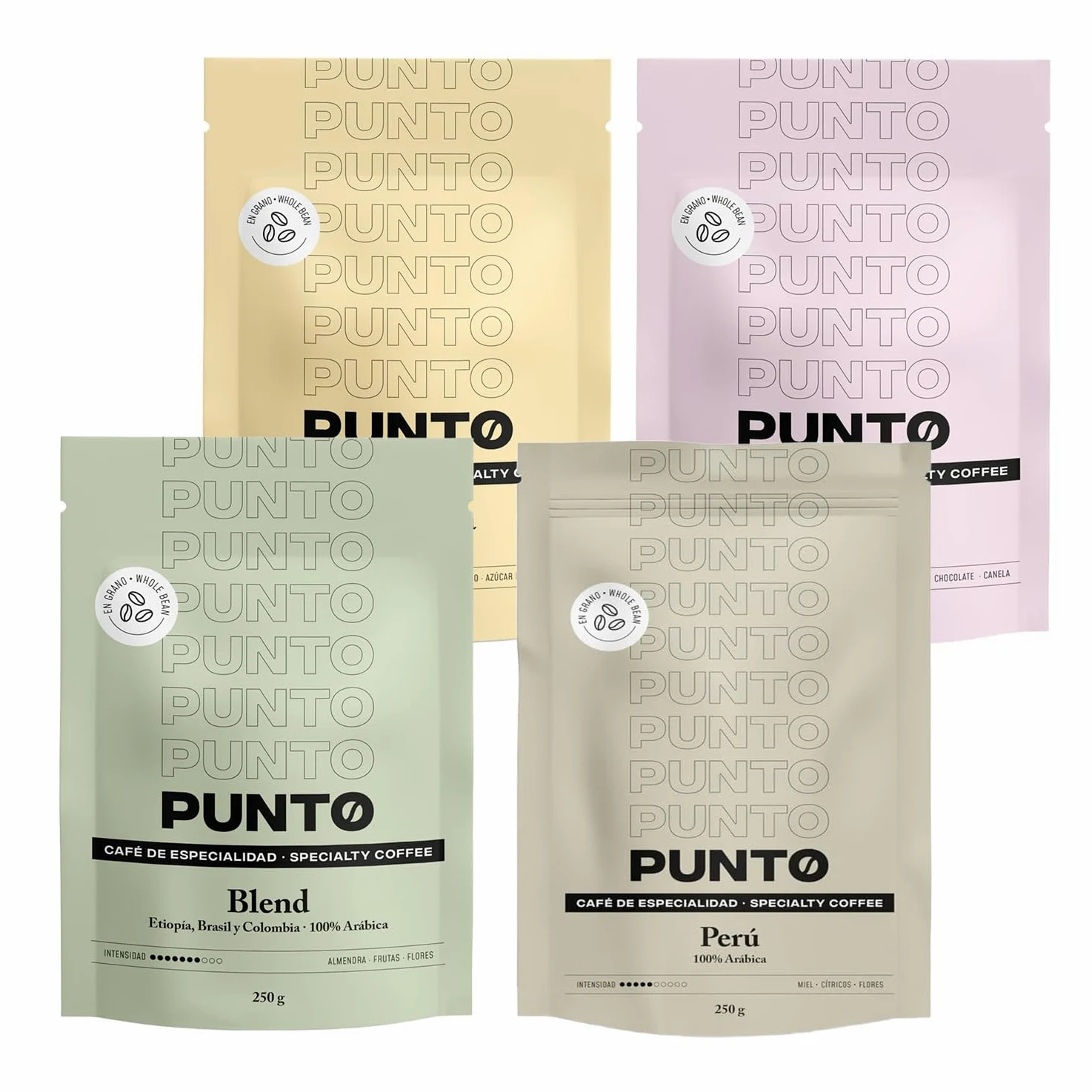 PUNTO - Specjalne opakowanie ziaren kawy 4 x 250 g - Punto BLEND + Peru + Ethiopia + Colombia - 100% kawa Arabica - średnio palona i treściwa - intensywność 5-7/10