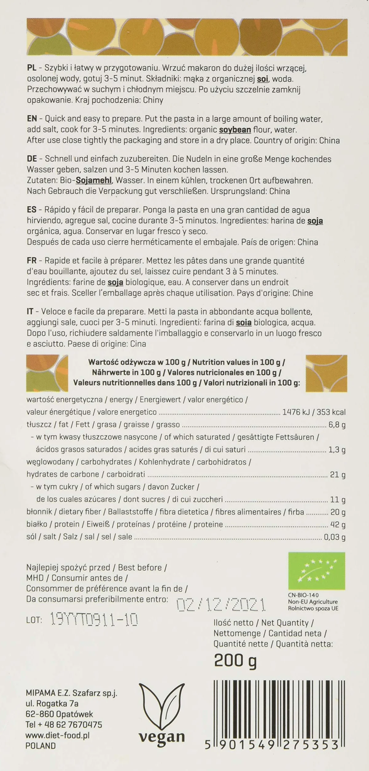 Diet-food - Bio Orange makaron sojowy Low Carb Protein Orange Soybean Fettuccine z witaminą B, kwas foliowy, witamina E, bezglutenowy i bogaty w białko, 200 g