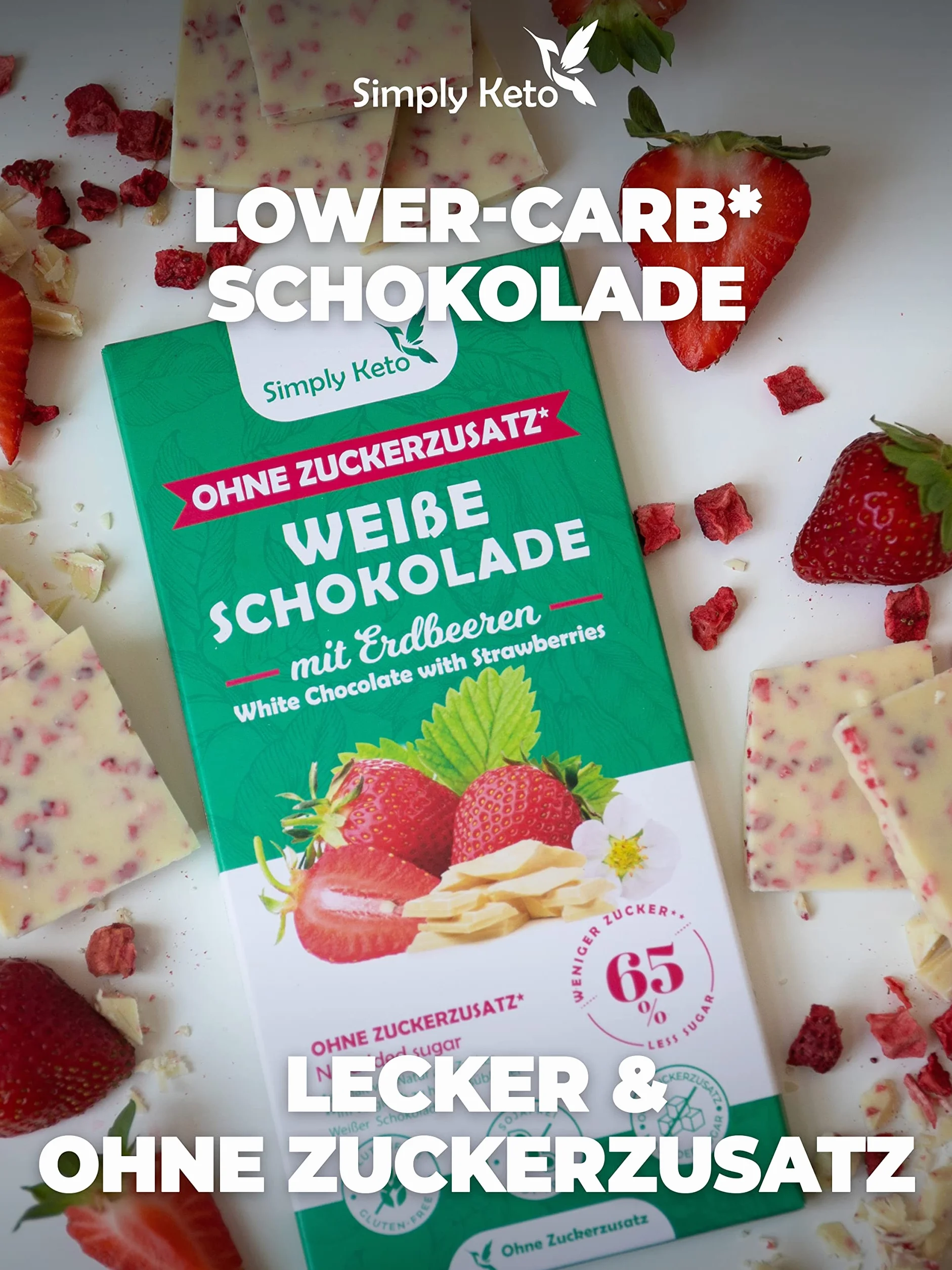 Simply Keto | Schokolata z twarogu białego z kawałkami truskawki o obniżonej zawartości cukru – bez dodatku cukru – słodzona erytrytem – o 65% mniej cukru – bezglutenowa i bez soi – bez maltytolu