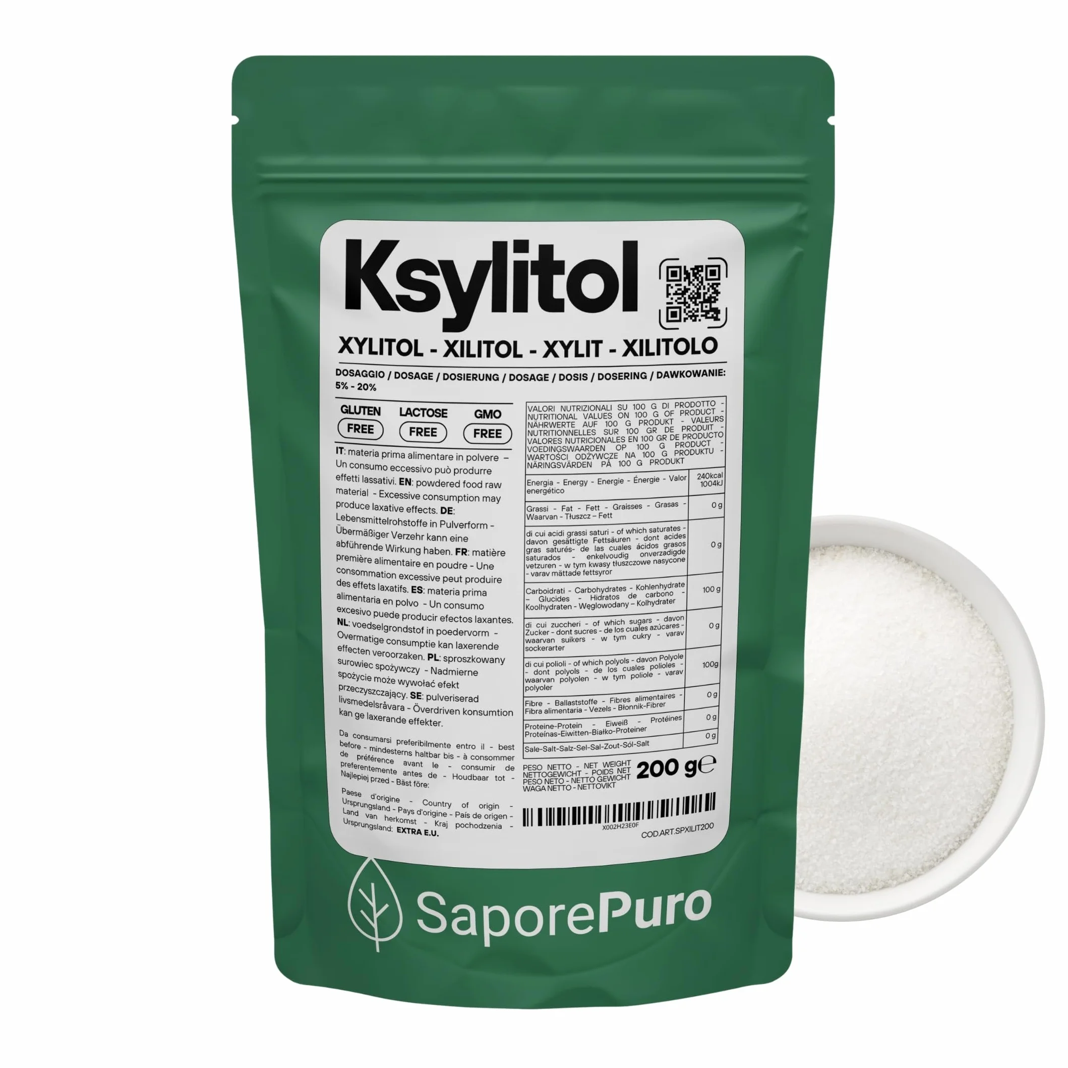 Saporepuro Naturalny KSYLITOL z brzozy 200 g - Naturalny zamiennik cukru - Idealny do deserów i napojów