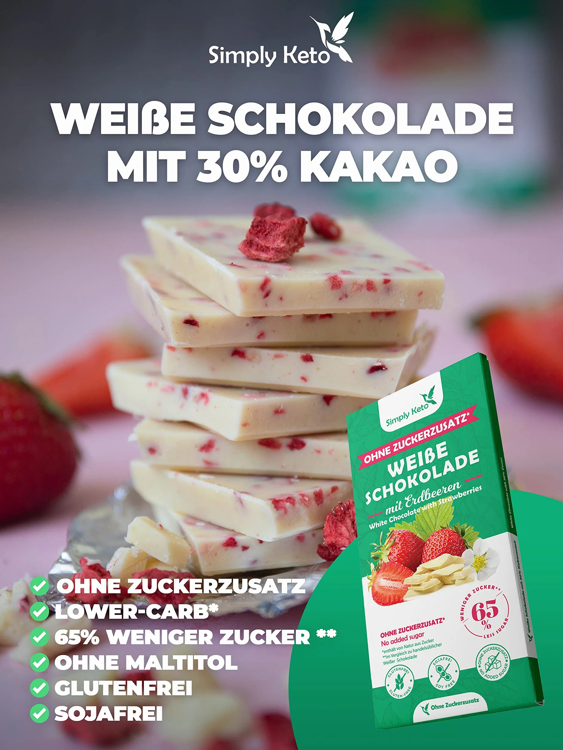 Simply Keto | Schokolata z twarogu białego z kawałkami truskawki o obniżonej zawartości cukru – bez dodatku cukru – słodzona erytrytem – o 65% mniej cukru – bezglutenowa i bez soi – bez maltytolu