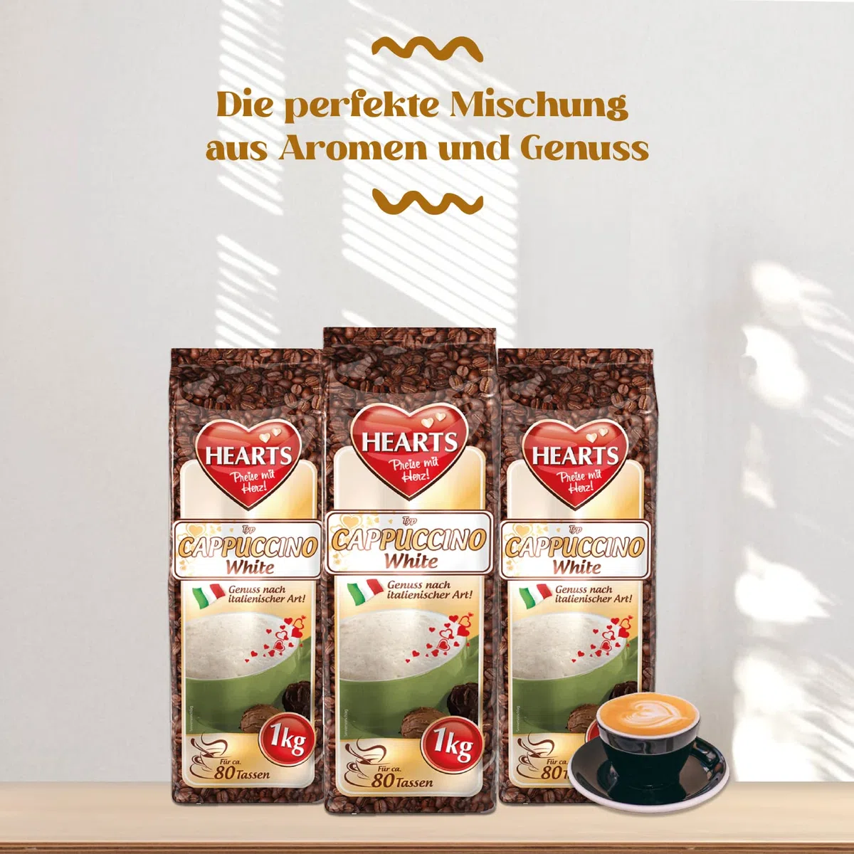 HEARTS Cappuccino White 10 x 1 kg – przyjemność w stylu włoskim, ok. 80 porcji na woreczek, praktyczne opakowanie rodzinne, intensywny aromat, mleczny i kremowy