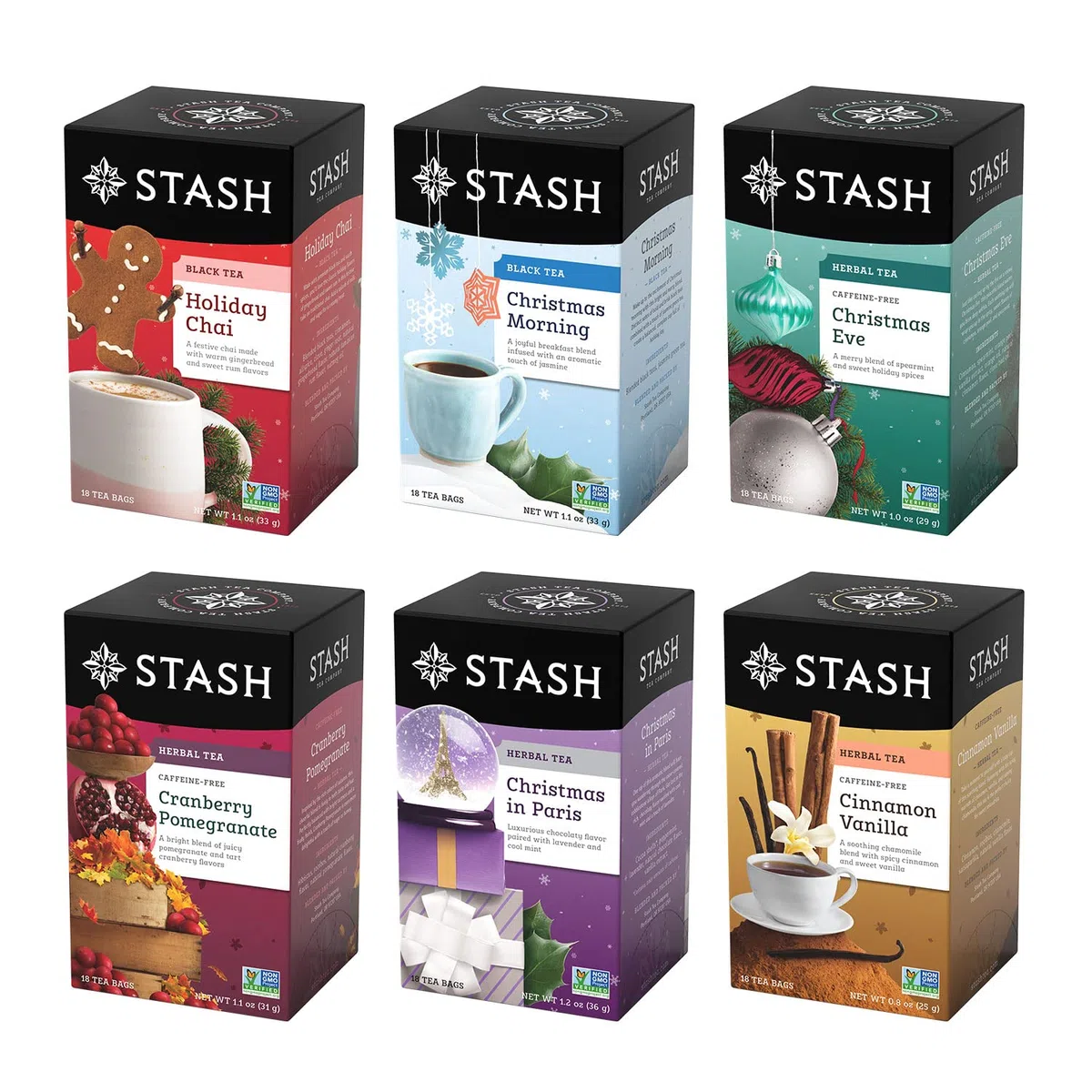 Stash Tea Holidays Are Here Różnorodny zestaw próbek – kofeina, bez GMO, zweryfikowana przez projekt herbata premium bez sztucznych składników, 18 sztuk (opakowanie 6 sztuk) - łącznie 108 torebek