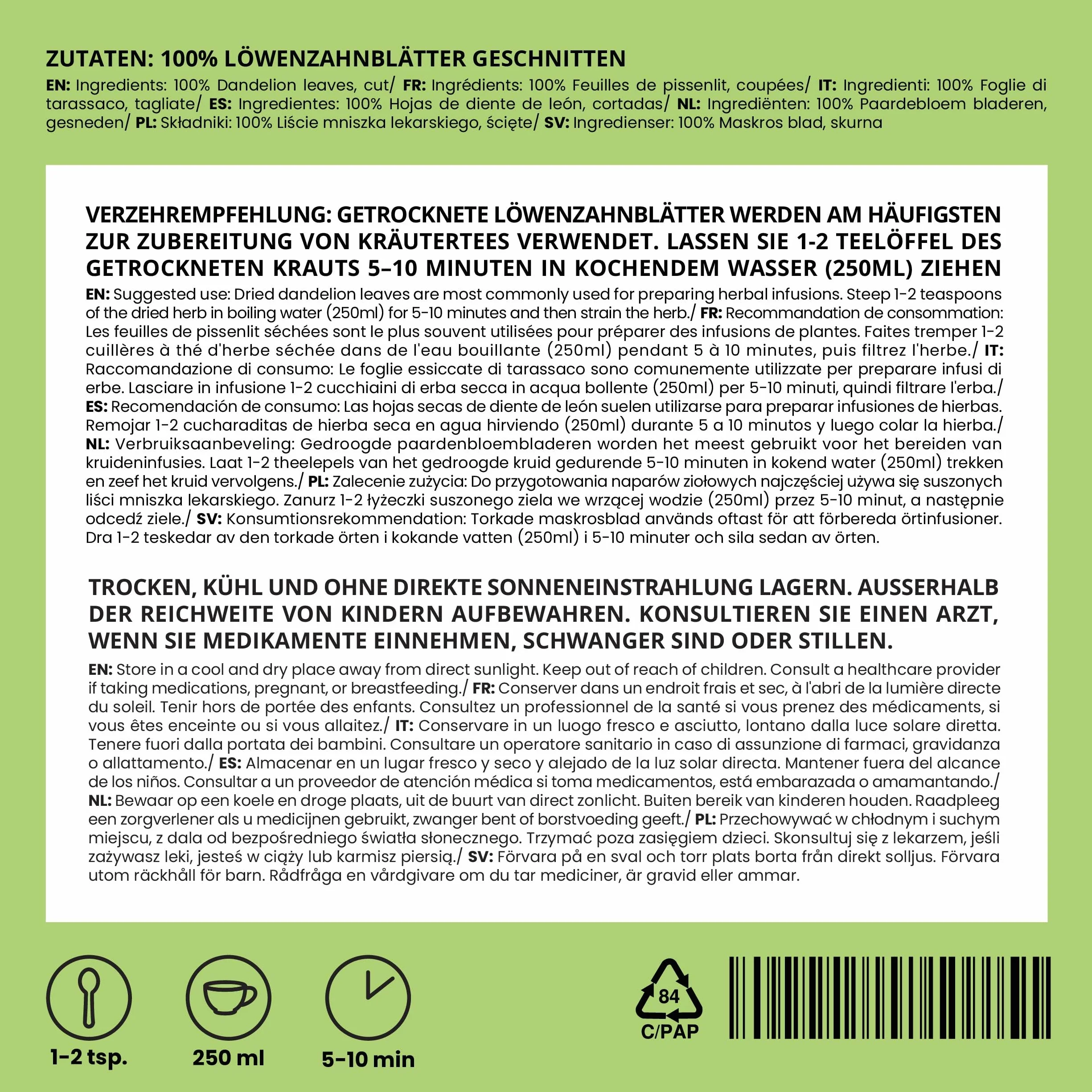 IDDA Herbal Herbata z Mniszka Lekarskiego 250g, Suszone i Cięte Liście Mniszka, Herbata Liściasta