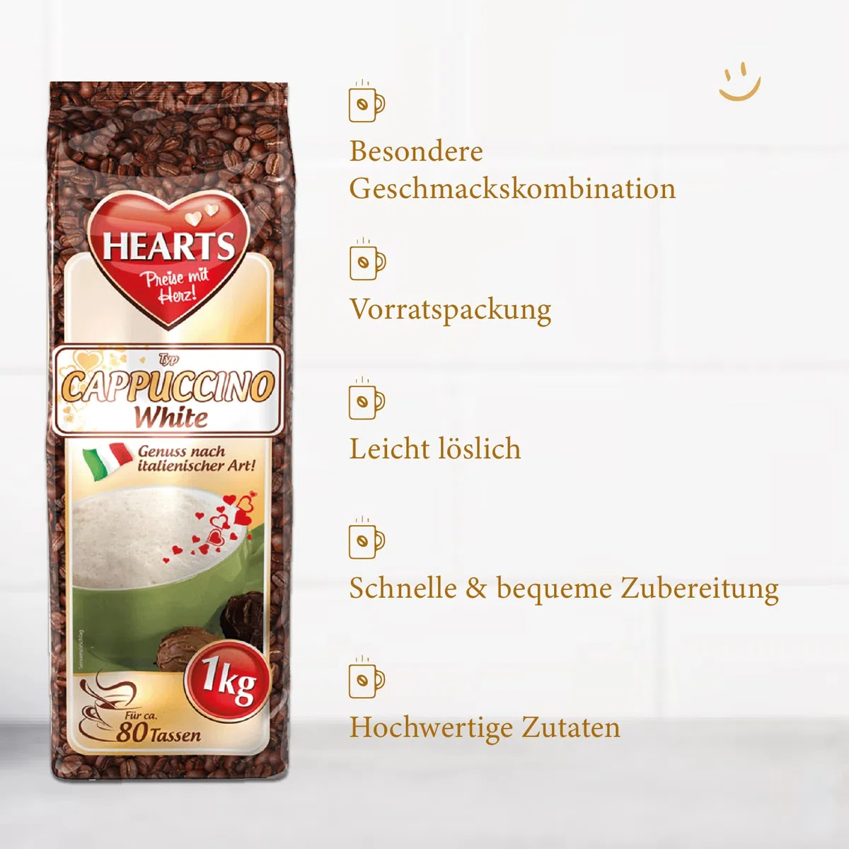 HEARTS Cappuccino White 10 x 1 kg – przyjemność w stylu włoskim, ok. 80 porcji na woreczek, praktyczne opakowanie rodzinne, intensywny aromat, mleczny i kremowy