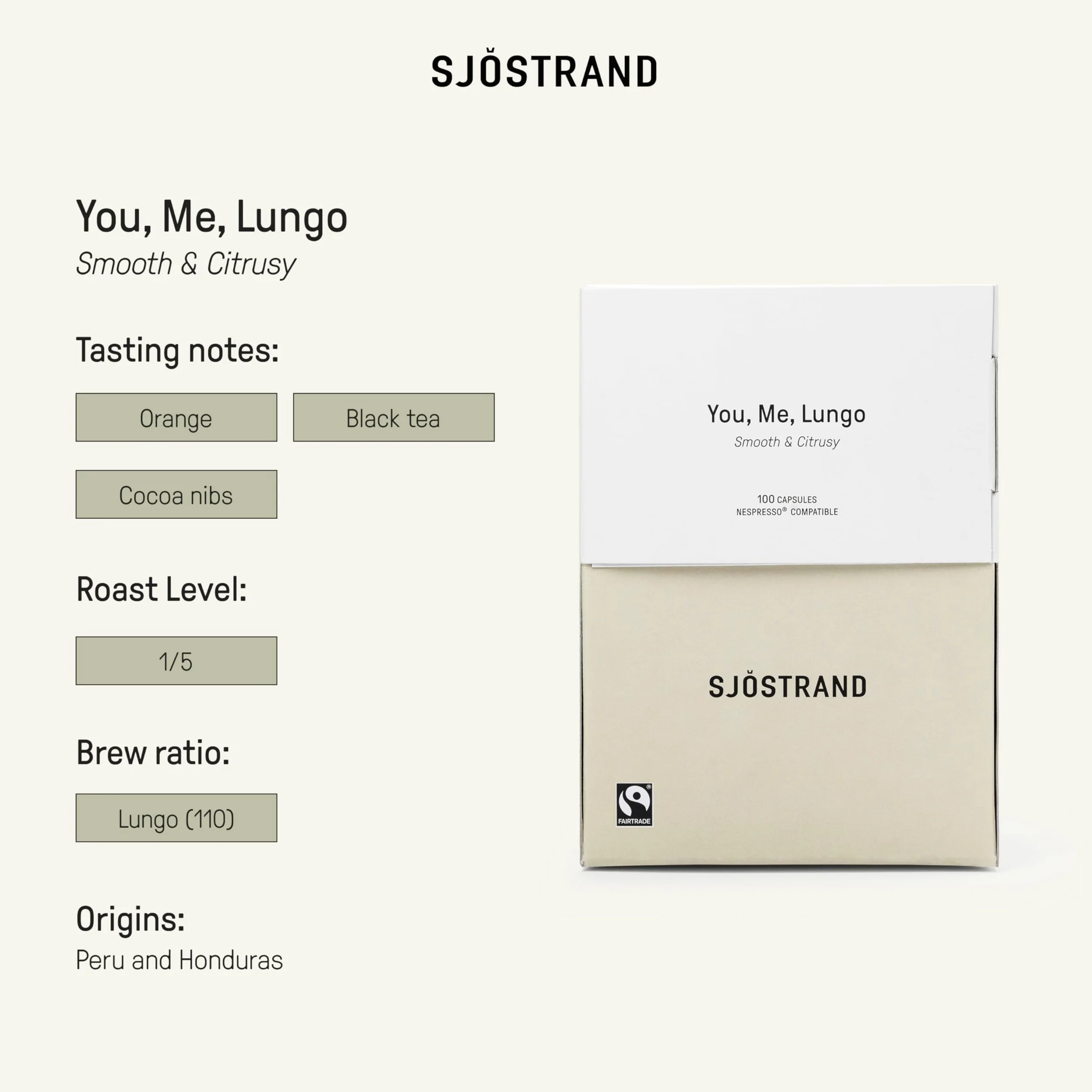 Sjöstrand Coffee Concept You, Me, Lungo – Organiczne kapsułki z kawą, kompatybilne z Nespresso, 100 kapsułek, kompostowalne, Fairtrade.