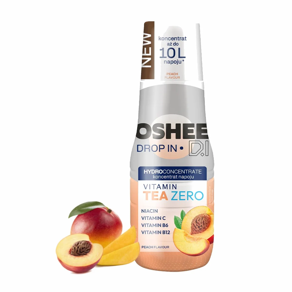 OSHEE DROP IN ZERO, Hydrokoncentrat 500 ml, Herbata Brzoskwiniowa, Koncentrat Napoju z Witaminami, 0 kcal, 0g Węglowodanów, Bez Cukru, Do 10 L Napoju