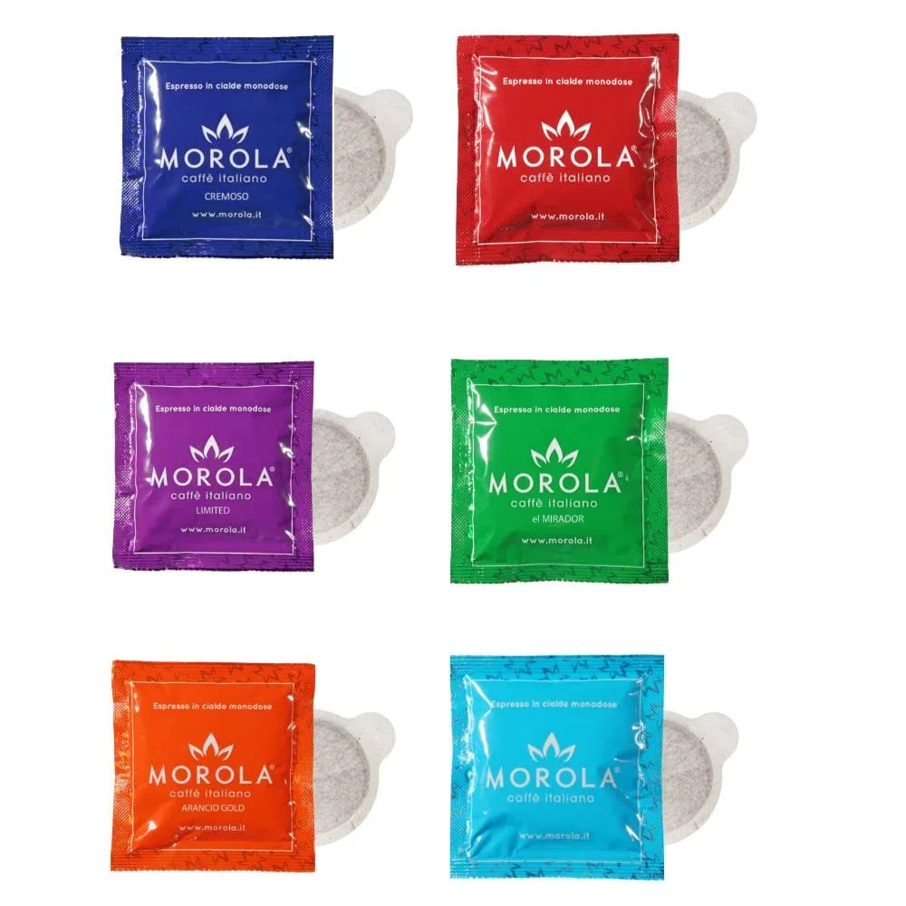 Morola Caffè Italiano - Zestaw Do Degustacji Kapsułek - Ese44 Kompostowalne Kapsułki - Classico Degustacja Kawy, Arancio, Limited, Cremoso, Decaffeinato, El Mirador (120, kapsułki z kawą ) - Kawa Made in Italy