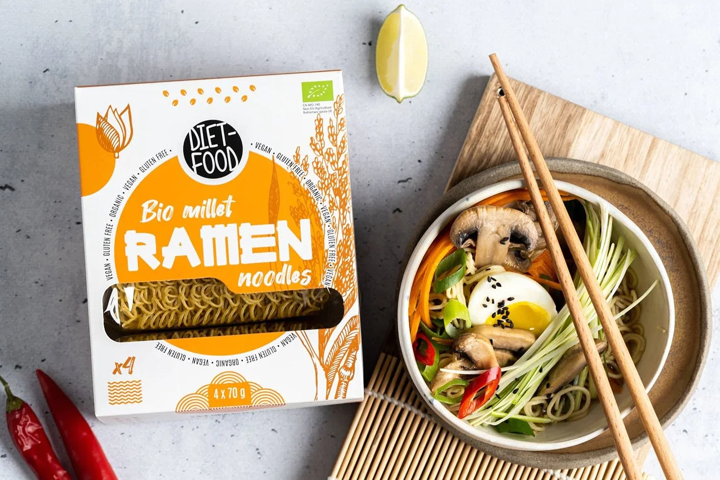 DIET-FOOD Bio Ramen makaron prosa, bez glutenu, wegetariański i wegański, do kontaktu z żywnością, bez tłuszczu, soi, bezglutenowy, rozpuszczalny w wodzie, makaron dietetyczny, niska zawartość kalorii, 280 g