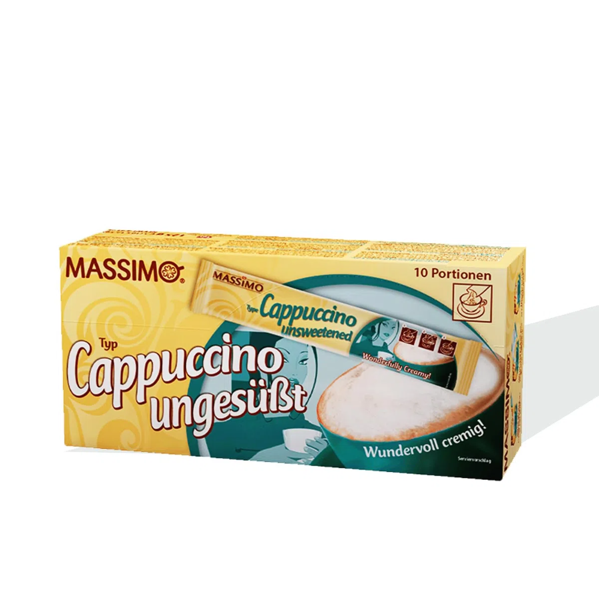 MASSIMO Cappuccino niesłodzone, 160 patyczków, 16 x 10 patyczków po 12,5 g, opakowanie ekonomiczne, rozpuszczalna kawa ziarnista, kakao, bez cukru, szybkie przygotowanie, zawiera kofeinę, kawa