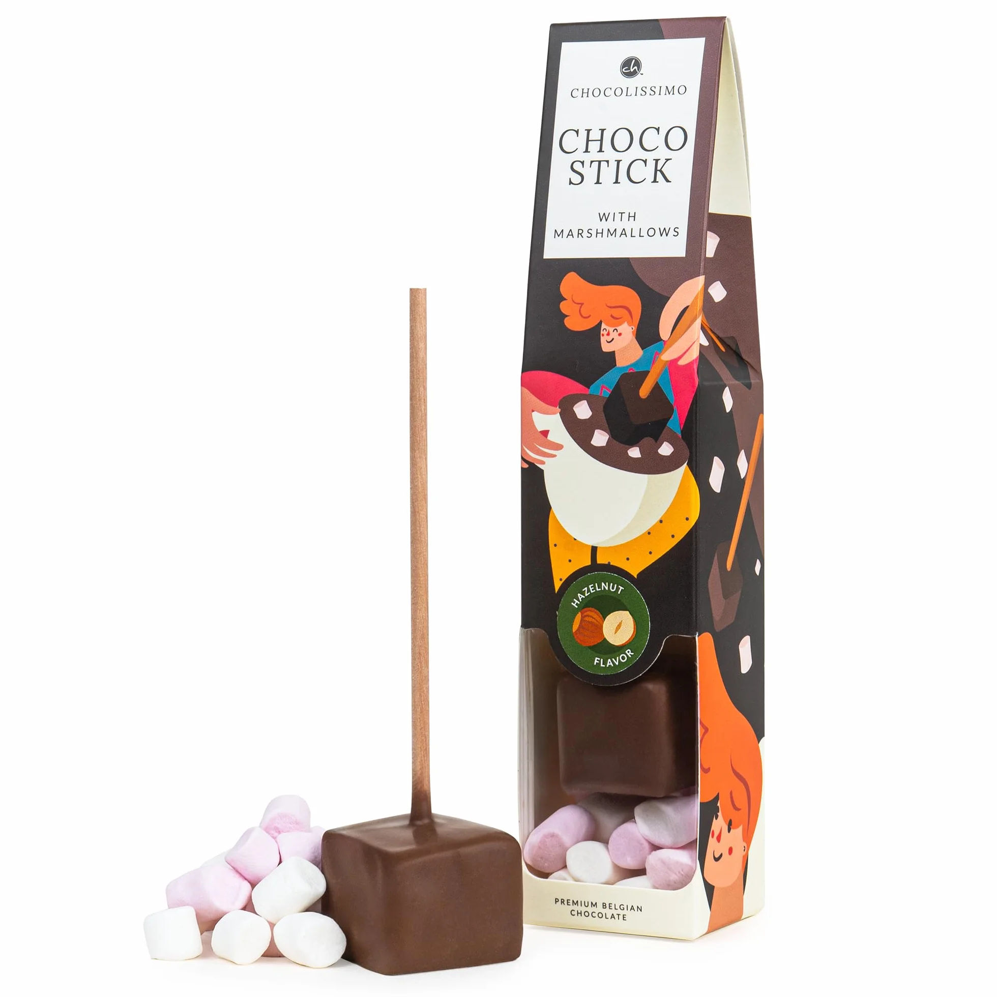 CHOCOLISSIMO – ChocoStick Orzech laskowy – Pomysł na prezent – Belgijska czekolada do picia z orzechami laskowymi na patyku z piankami marshmallow – orzechowa edycja zimowa – kremowy gorący napój