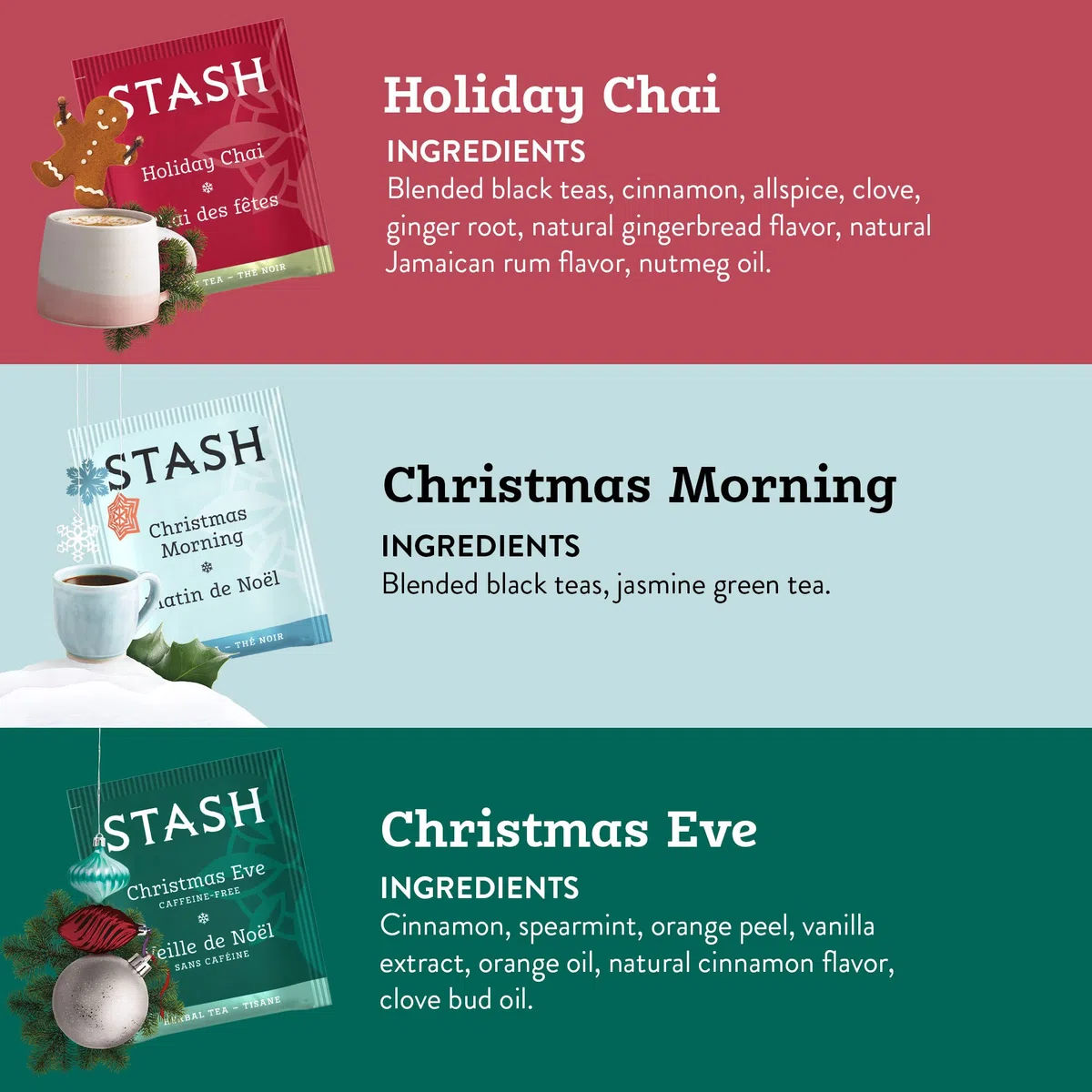 Stash Tea Holidays Are Here Różnorodny zestaw próbek – kofeina, bez GMO, zweryfikowana przez projekt herbata premium bez sztucznych składników, 18 sztuk (opakowanie 6 sztuk) - łącznie 108 torebek