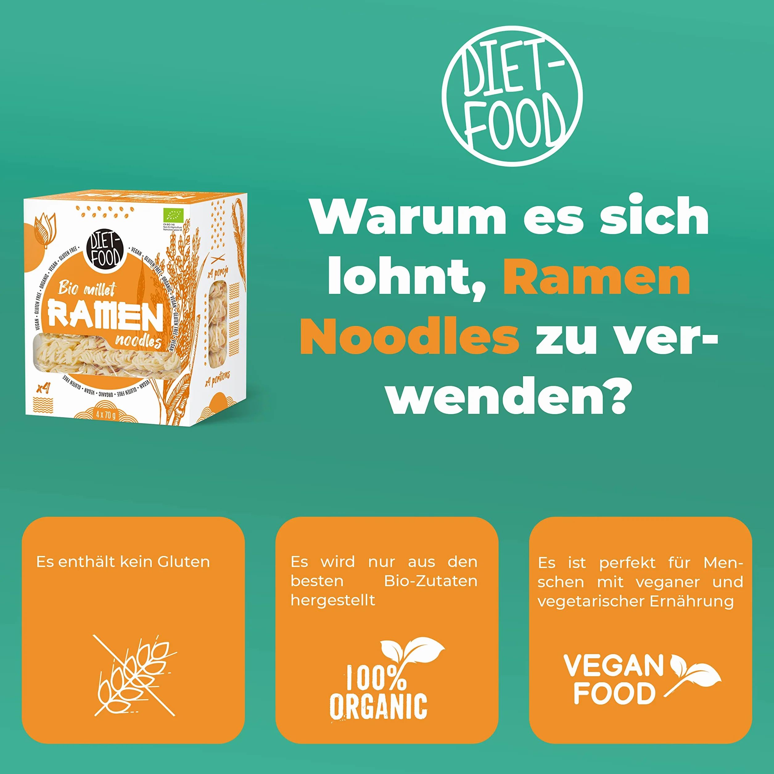 DIET-FOOD Bio Ramen makaron prosa, bez glutenu, wegetariański i wegański, do kontaktu z żywnością, bez tłuszczu, soi, bezglutenowy, rozpuszczalny w wodzie, makaron dietetyczny, niska zawartość kalorii, 280 g