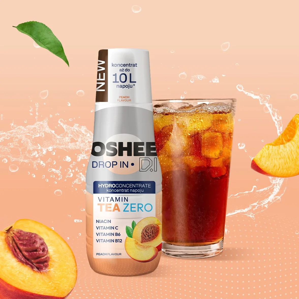 OSHEE DROP IN ZERO, Hydrokoncentrat 500 ml, Herbata Brzoskwiniowa, Koncentrat Napoju z Witaminami, 0 kcal, 0g Węglowodanów, Bez Cukru, Do 10 L Napoju