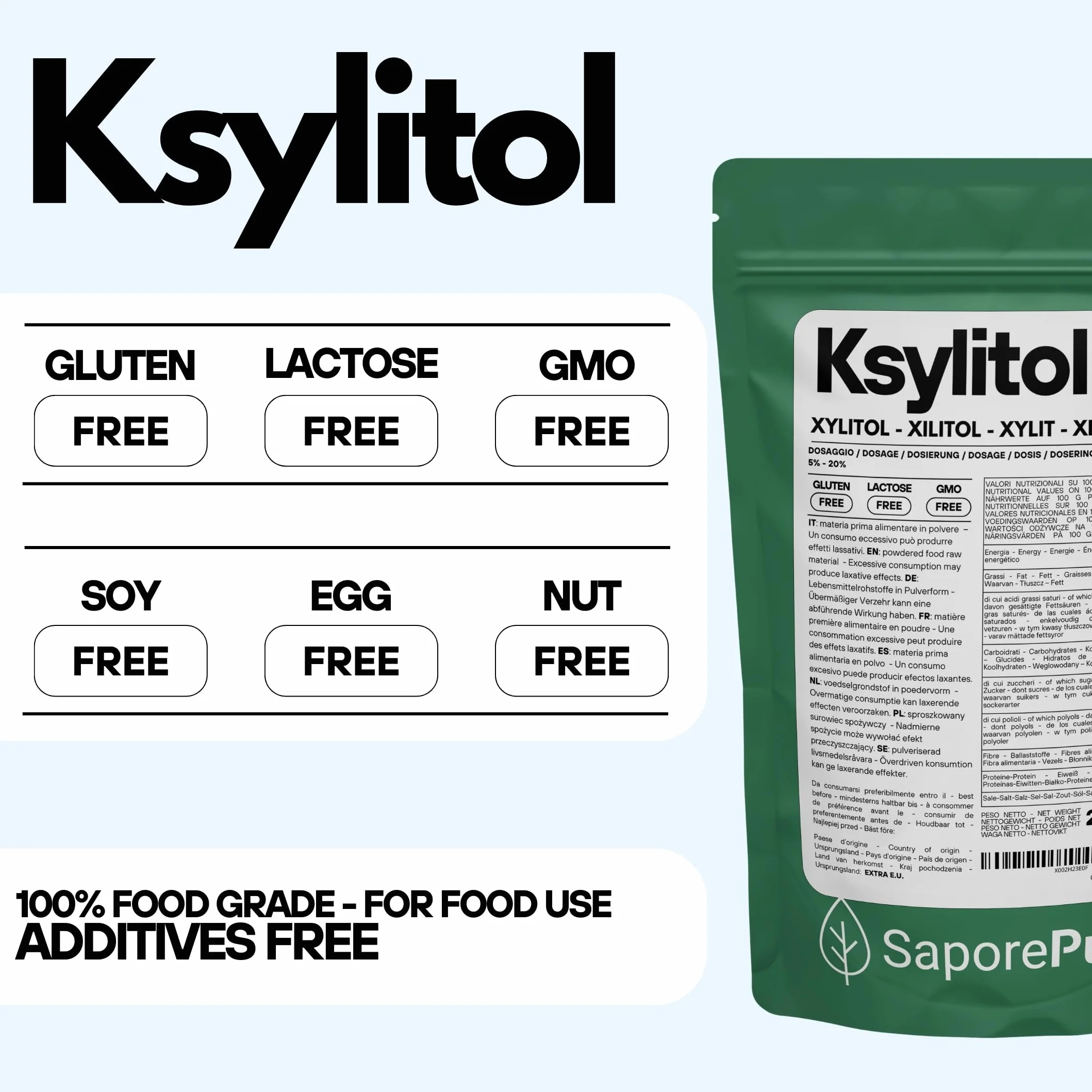 Saporepuro Naturalny KSYLITOL z brzozy 200 g - Naturalny zamiennik cukru - Idealny do deserów i napojów