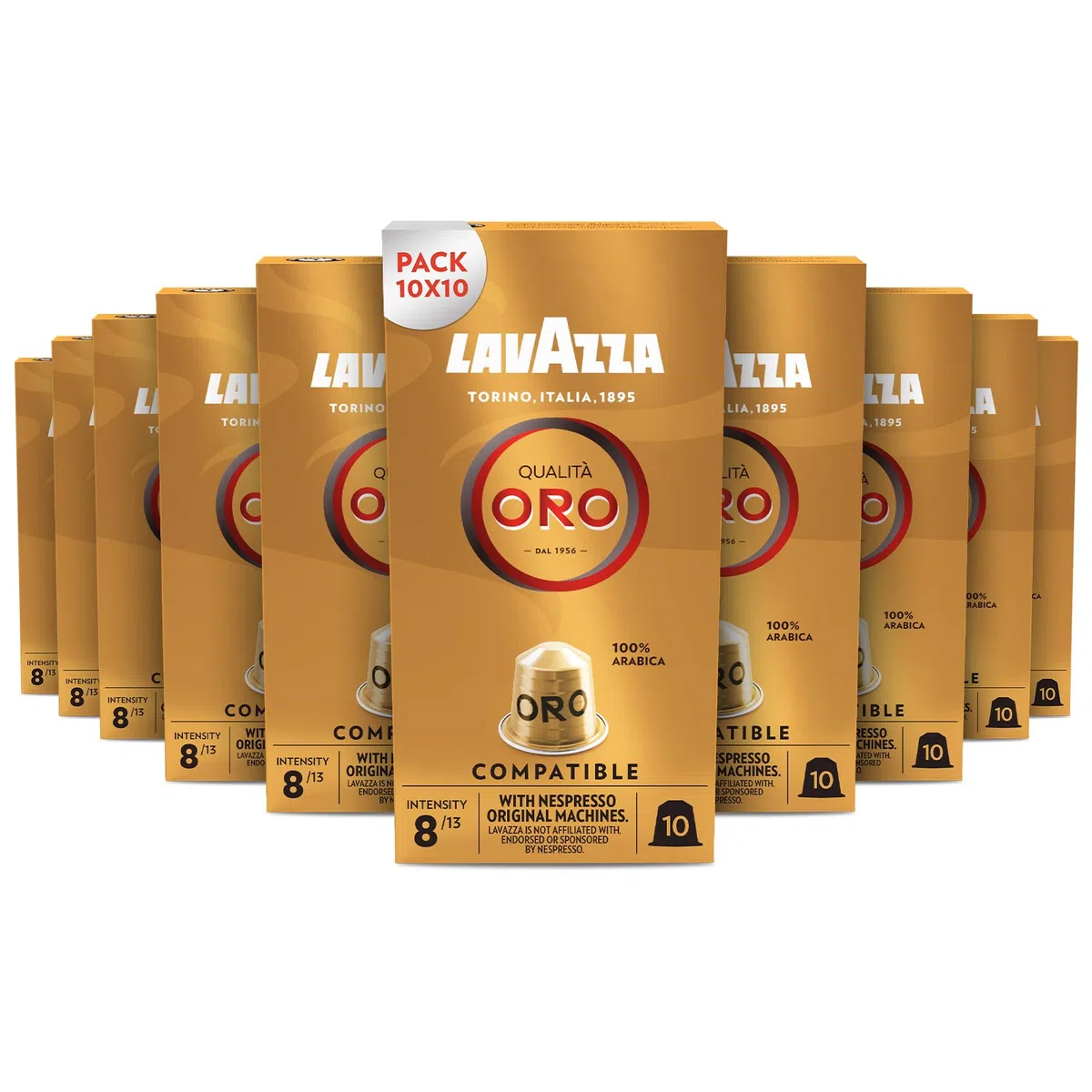LAVAZZA - Qualità Oro, 100 aluminiowych kapsułek do kawy, kompatybilnych z ekspresami Nespresso Original, Nuty owocowe i kwiatowe, 100% Arabica, Intensywność 8/13, lekkie prażenie, 10 opakowań