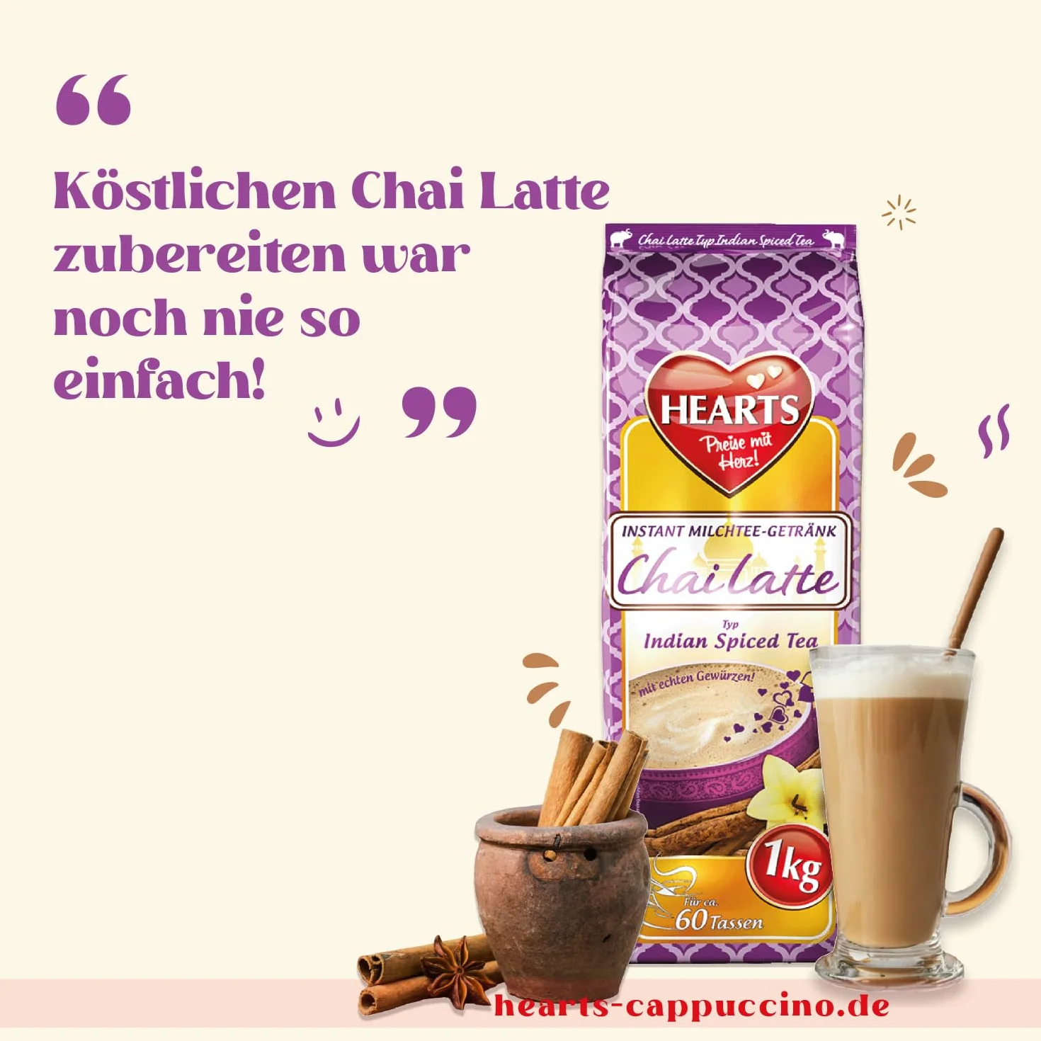 HEARTS Chai Latte herbata mleczna w proszku, 5 x 1 kg, łatwo rozpuszczalna z prawdziwymi przyprawami, spiced tea do gastronomii i domu, wystarczy dodać wodę, wystarcza na 250 filiżanek