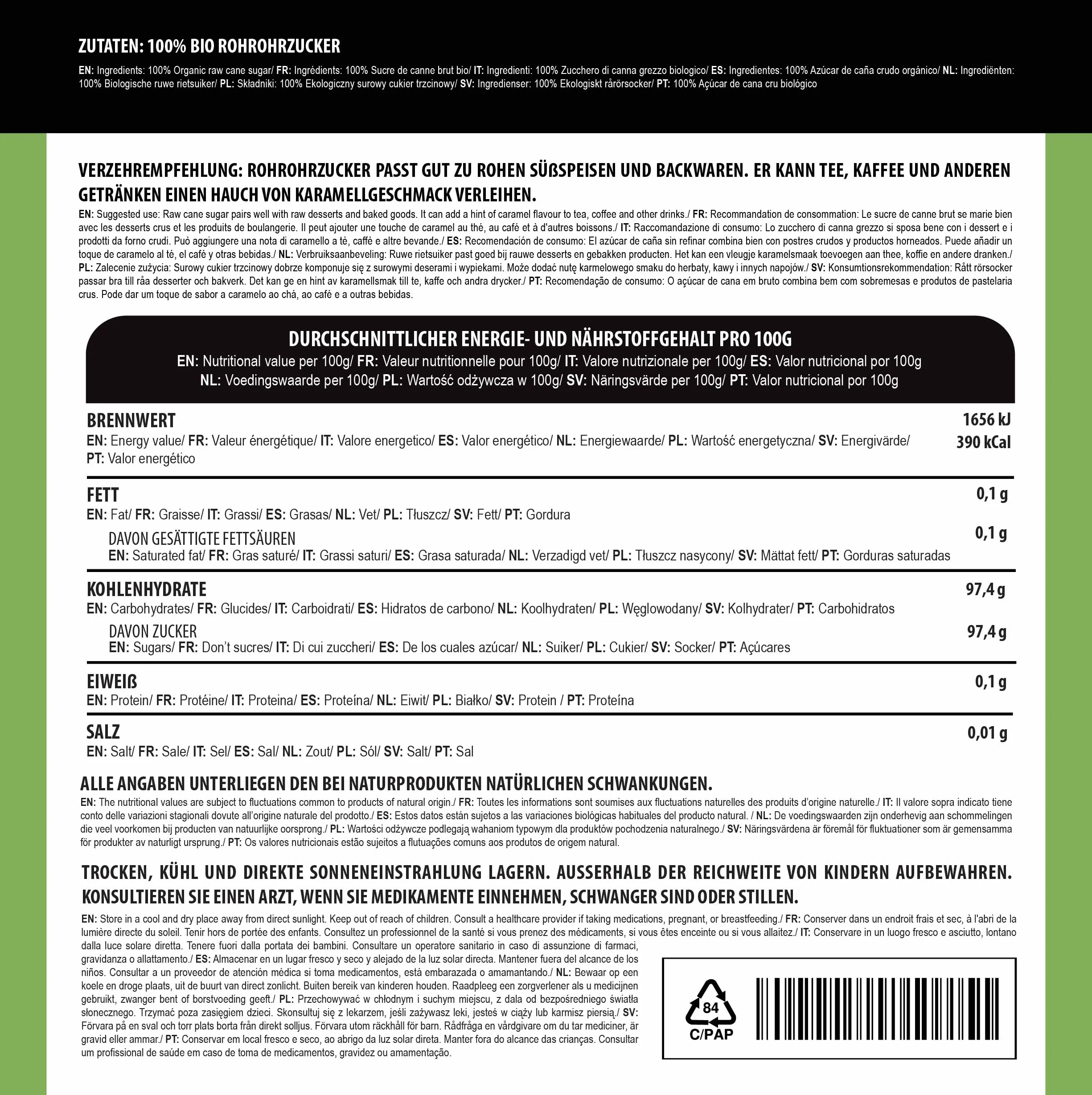 Alpi Nature Ekologiczny Surowy Cukier Trzcinowy 500g, Jasnobrązowy Cukier do Gotowania i Pieczenia