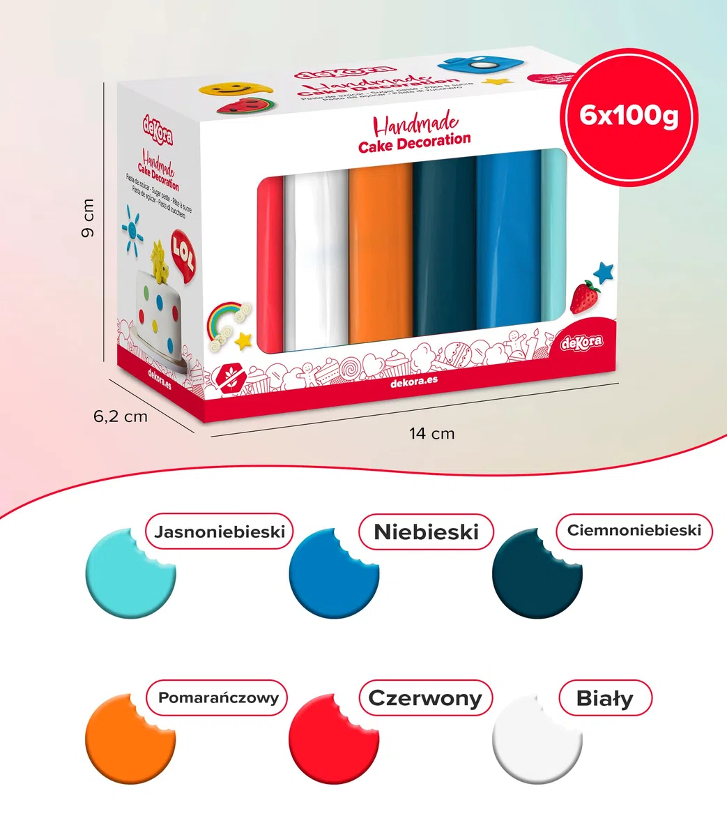 dekora – Masa cukrowa kolorowa Zestaw 6 kolorów - Fondant do tortów, elastyczna i łatwa w użyciu - Bez glutenu, Halal, Koszerna 600 g