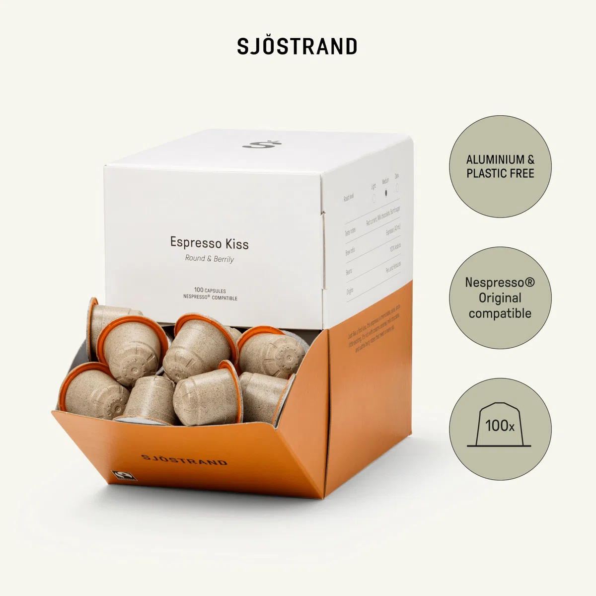 Sjöstrand Coffee Concept Espresso Kiss – Organiczne kapsułki z kawą, kompatybilne z Nespresso, 100 kapsułek, kompostowalne, Fairtrade.