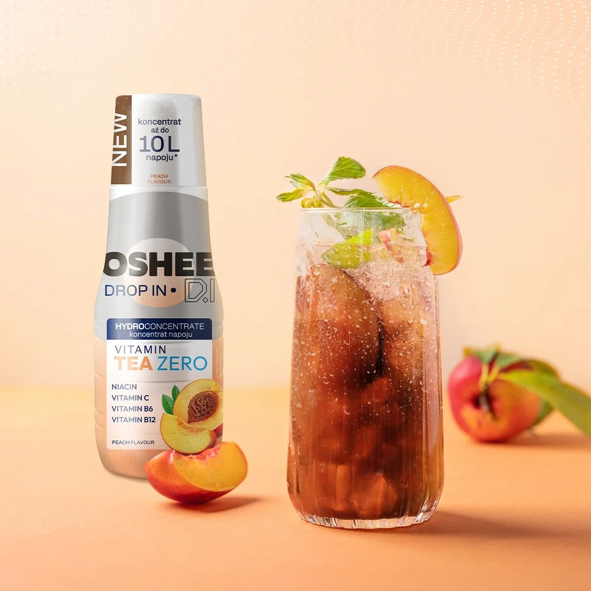 OSHEE DROP IN ZERO, Hydrokoncentrat 500 ml, Herbata Brzoskwiniowa, Koncentrat Napoju z Witaminami, 0 kcal, 0g Węglowodanów, Bez Cukru, Do 10 L Napoju