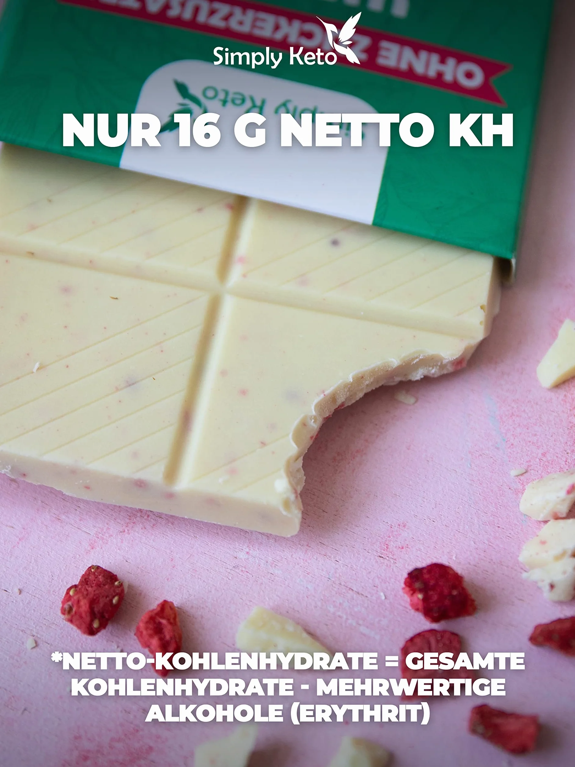 Simply Keto | Schokolata z twarogu białego z kawałkami truskawki o obniżonej zawartości cukru – bez dodatku cukru – słodzona erytrytem – o 65% mniej cukru – bezglutenowa i bez soi – bez maltytolu