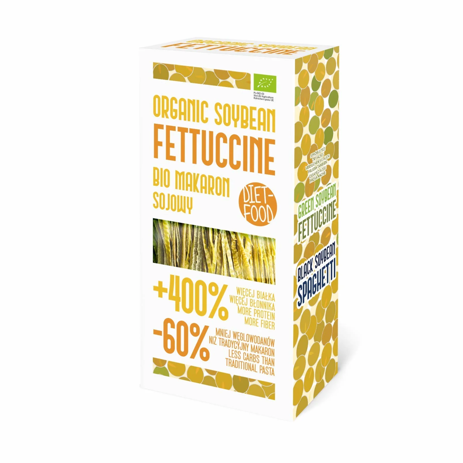 Diet-food - Bio Orange makaron sojowy Low Carb Protein Orange Soybean Fettuccine z witaminą B, kwas foliowy, witamina E, bezglutenowy i bogaty w białko, 200 g