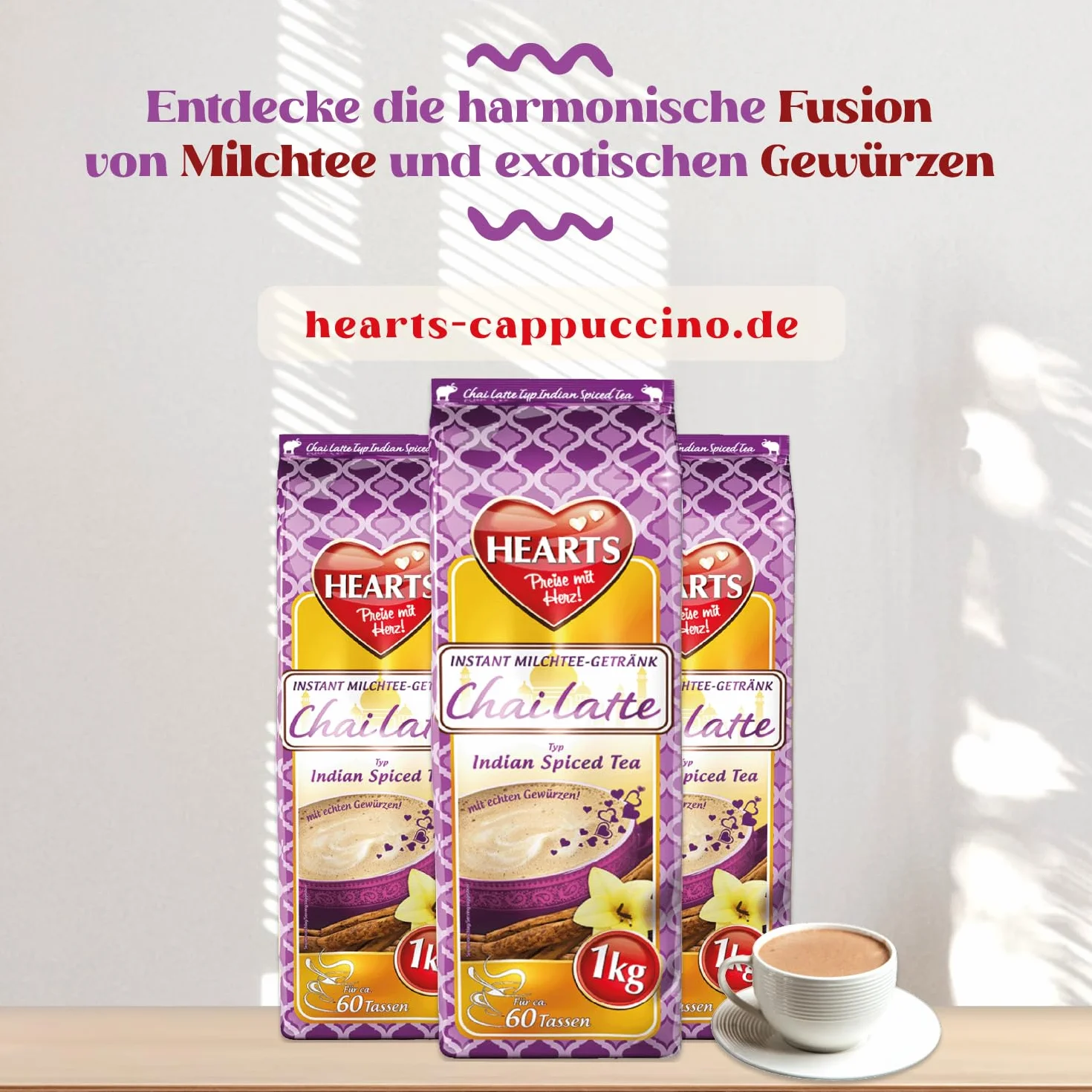 HEARTS Chai Latte herbata mleczna w proszku, 5 x 1 kg, łatwo rozpuszczalna z prawdziwymi przyprawami, spiced tea do gastronomii i domu, wystarczy dodać wodę, wystarcza na 250 filiżanek