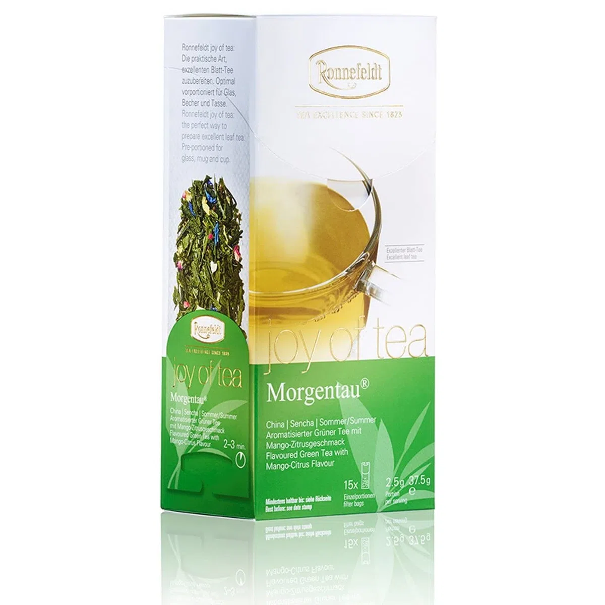 Ronnefeldt Morgentau "Joy of Tea" - zielona herbata o smaku mango, 15 torebek herbaty, 37,5 g, ilość: 6 sztuk