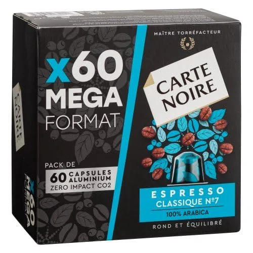 Carte Noire, Espresso Classique kapsułki aluminiowe kompatybilne z Nespresso, 1 opakowanie 60 kapsułek do kawy, 100% arabica, nuty owoców cytrusowych i czekoladowych, intensywność 7/10, zaokrąglone i dobrze wyważone
