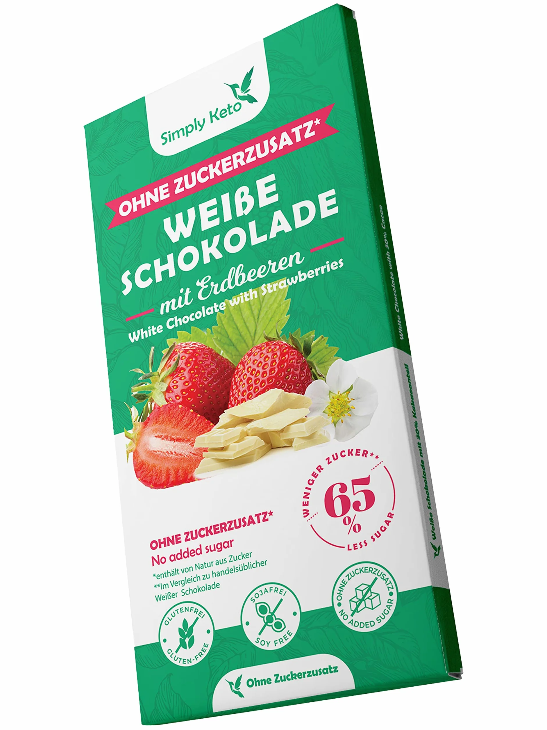 Simply Keto | Schokolata z twarogu białego z kawałkami truskawki o obniżonej zawartości cukru – bez dodatku cukru – słodzona erytrytem – o 65% mniej cukru – bezglutenowa i bez soi – bez maltytolu