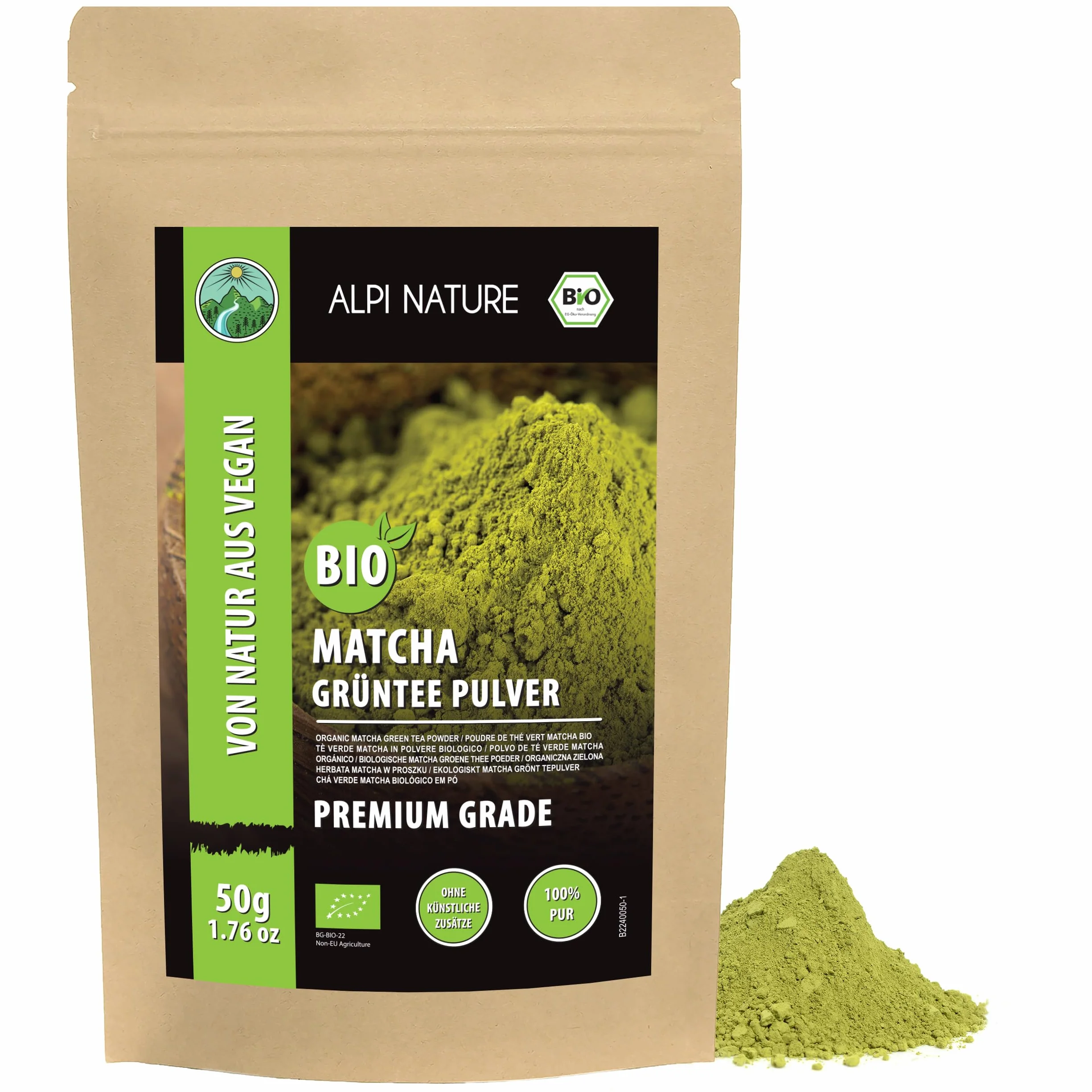 Alpi Nature Ekologiczna Matcha w Proszku 50g, Zielona Herbata Matcha Premium, Naturalnie Zawiera Kofeinę