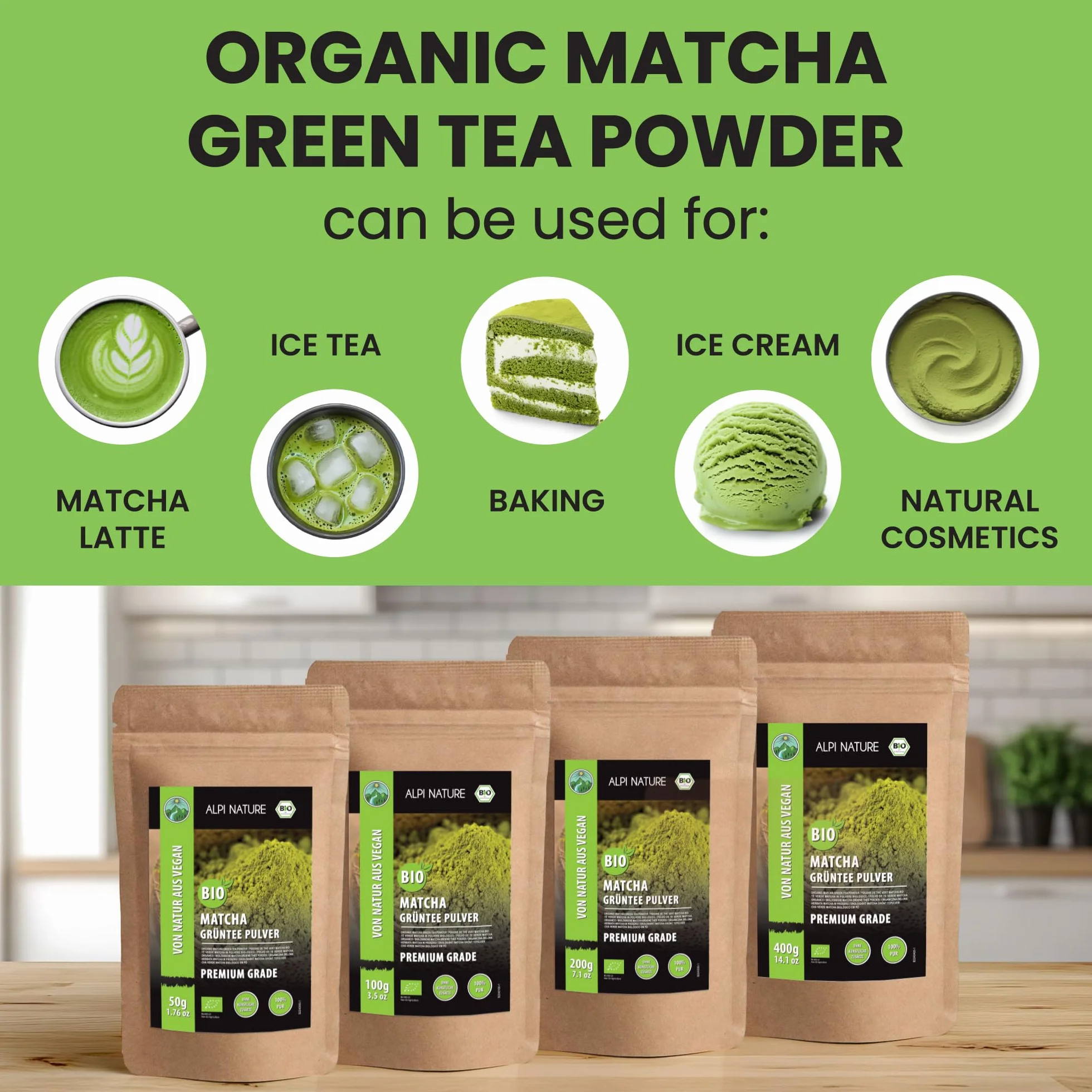 Alpi Nature Ekologiczna Matcha w Proszku 50g, Zielona Herbata Matcha Premium, Naturalnie Zawiera Kofeinę