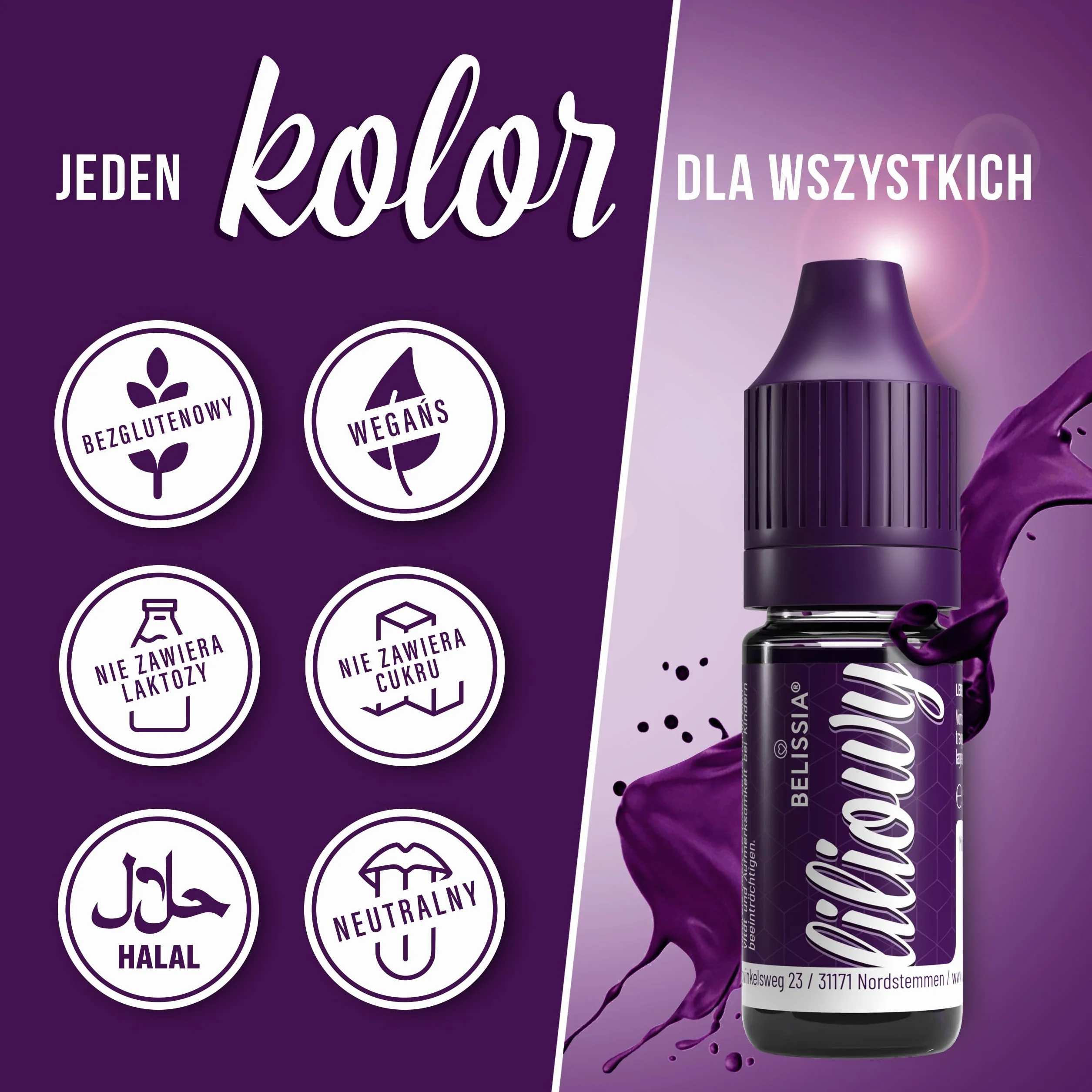 Belissia Barwnik Spożywczy Fioletowy 10ml, wysoko skoncentrowany barwnik, wyprodukowany w Niemczech, bez cukru, płynny, do barwienia napojów, ciast, ciasta, polew i wielu innych.