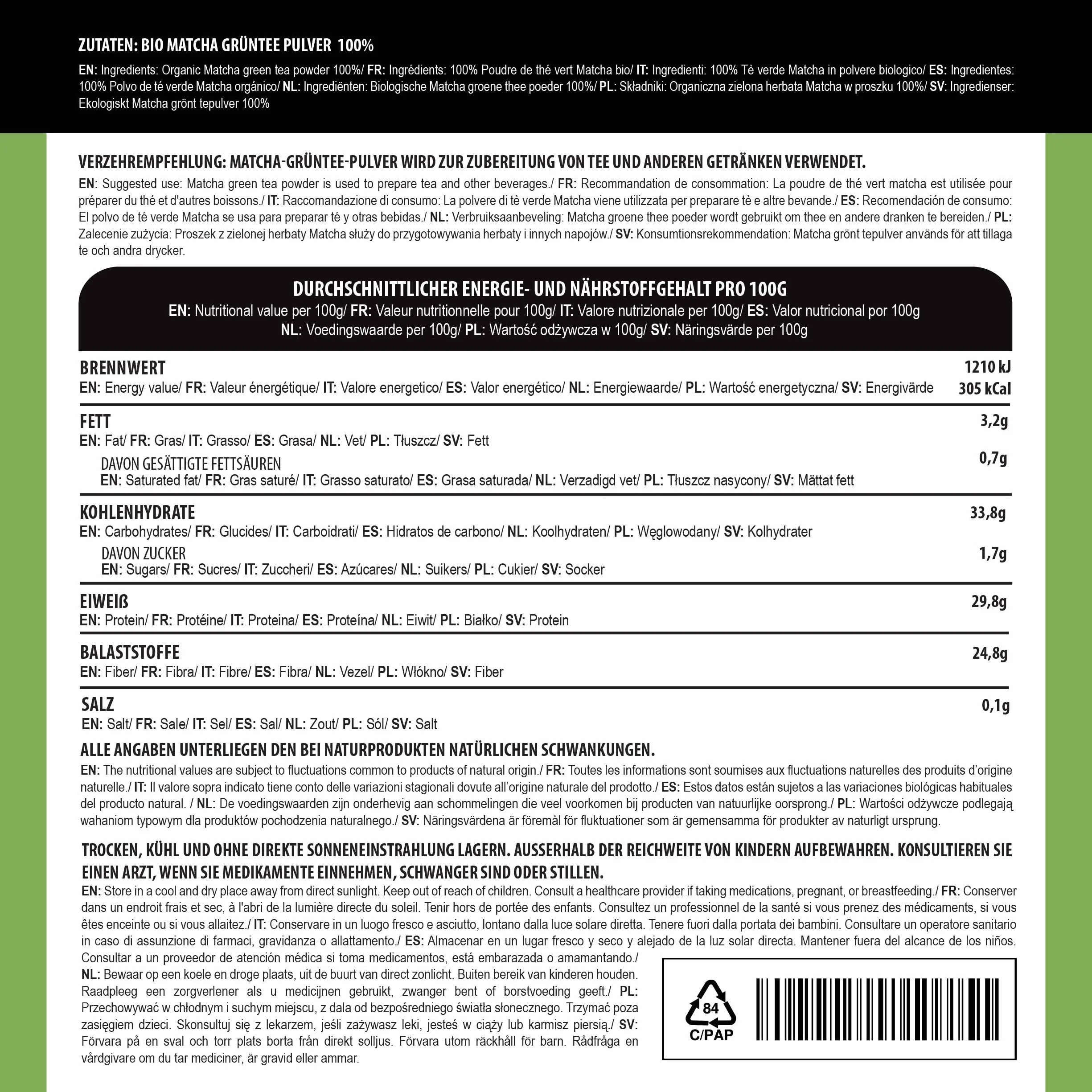 Alpi Nature Ekologiczna Matcha w Proszku 50g, Zielona Herbata Matcha Premium, Naturalnie Zawiera Kofeinę