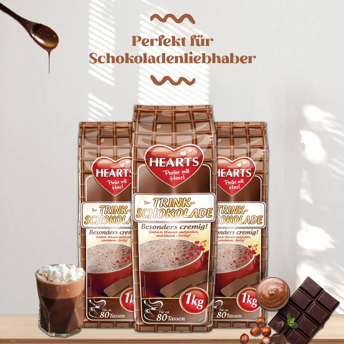 Hearts czekolada do picia, 5 x 1 kg lnstant Drinking Chocolate w proszku, łatwo rozpuszczalna, mleczna, kremowa, 5 sztuk, wystarcza na 400 filiżanek