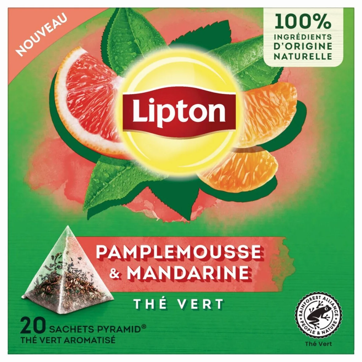 Lipton, Zielona herbata, aromatyzowana zielona herbata, napar na zimno lub na gorąco, smak grejpfruta i mandarynki, 100% naturalne składniki, 20 torebek piramidowych