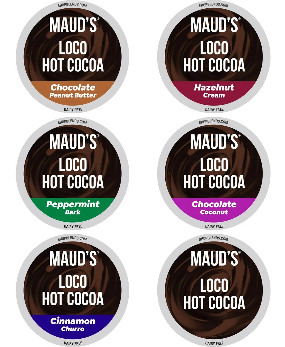 Maud's Flavored Hot Chocolate Variety Pack, 48ct. Solar Energy Produced Recyclable Single Serve Gluten & Dairy Free Flavored Hot Cocoa Pods, 100% California Blended Hot Cocoa Variety, KCup Compatible