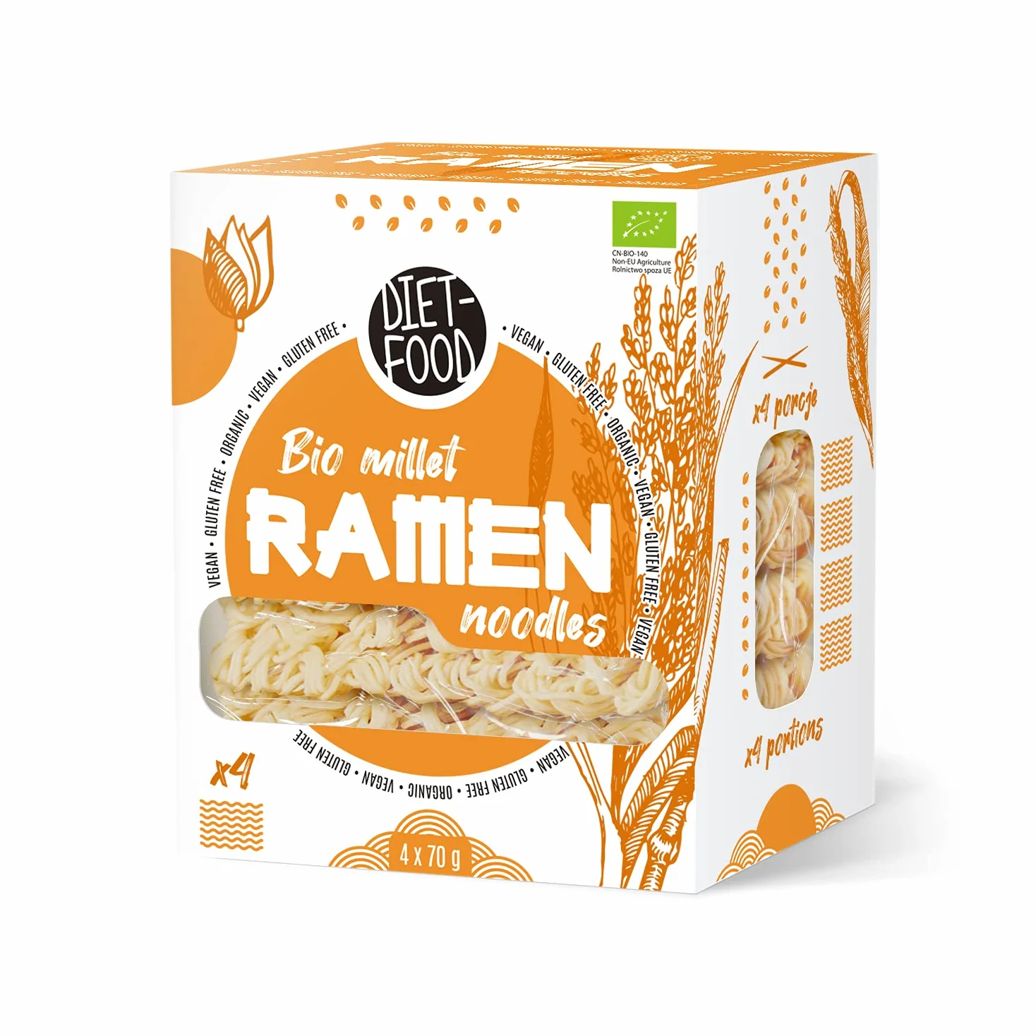 DIET-FOOD Bio Ramen makaron prosa, bez glutenu, wegetariański i wegański, do kontaktu z żywnością, bez tłuszczu, soi, bezglutenowy, rozpuszczalny w wodzie, makaron dietetyczny, niska zawartość kalorii, 280 g